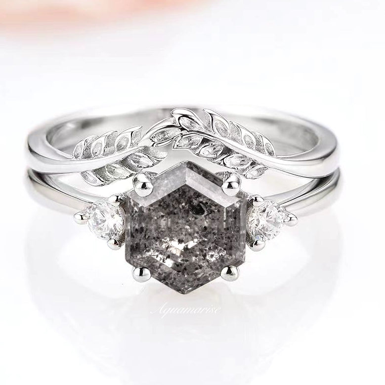 Galaxy Raw Salt & Pepper Diamond Ring Set - Herkimer Diamond Jewelry in 925 Sterling Silver for Women - Perfect for Weddings, Anniversaries & Boho Fashion