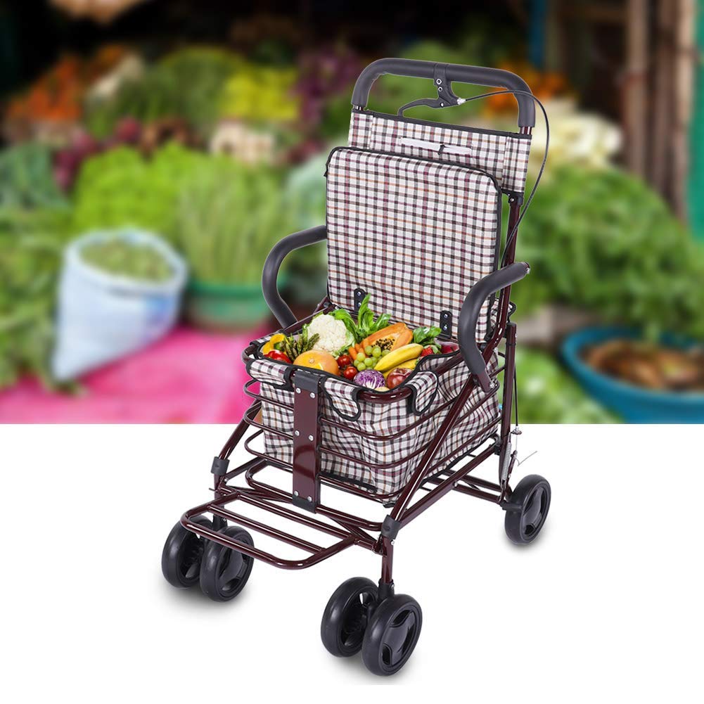 Foldable 4-Wheel Shopping Cart with Seat - Lightweight Portable Walker for Seniors & Travel - Ideal for Grocery Shopping, Market Trips, and Outdoor Activities