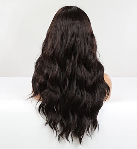 Dark Brown Wavy Wig with Blunt Bangs - Natural Looking Synthetic Hairpiece for Women | Perfect for Cosplay, Halloween Costumes & Daily Fashion Styling
