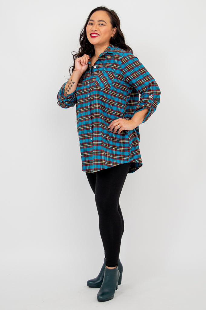 Celine Women's Cotton Plaid Tunic Top - Stylish Casual Shirt for Work, Office, and Everyday Wear