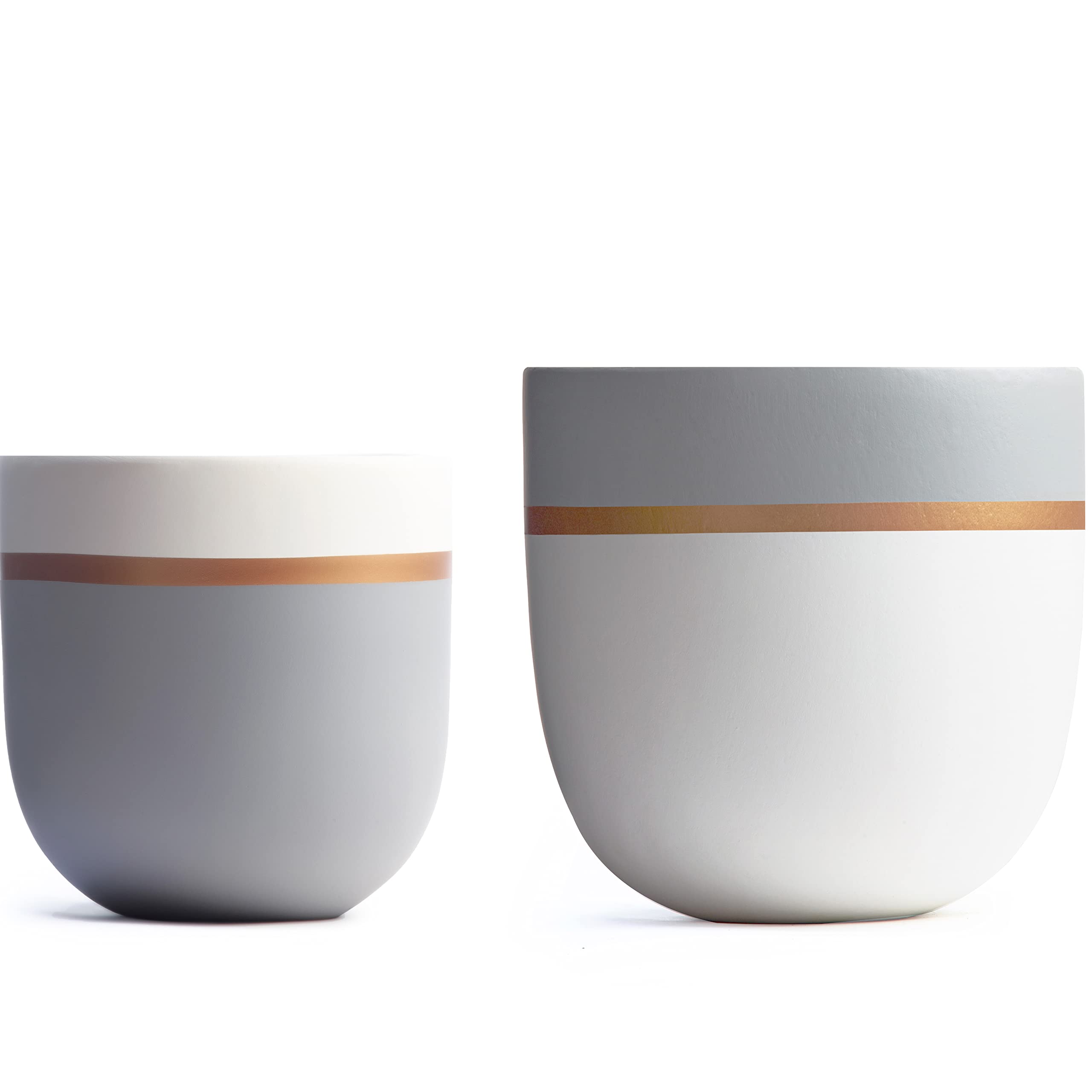 Priene Home 10 + 8 Inch Large Concrete Plant Pots with Drainage Holes - Indoor Outdoor Flower Planters in White & Gray with Gold Accent - Perfect for Home Decor, Garden, Patio, and Office Plants