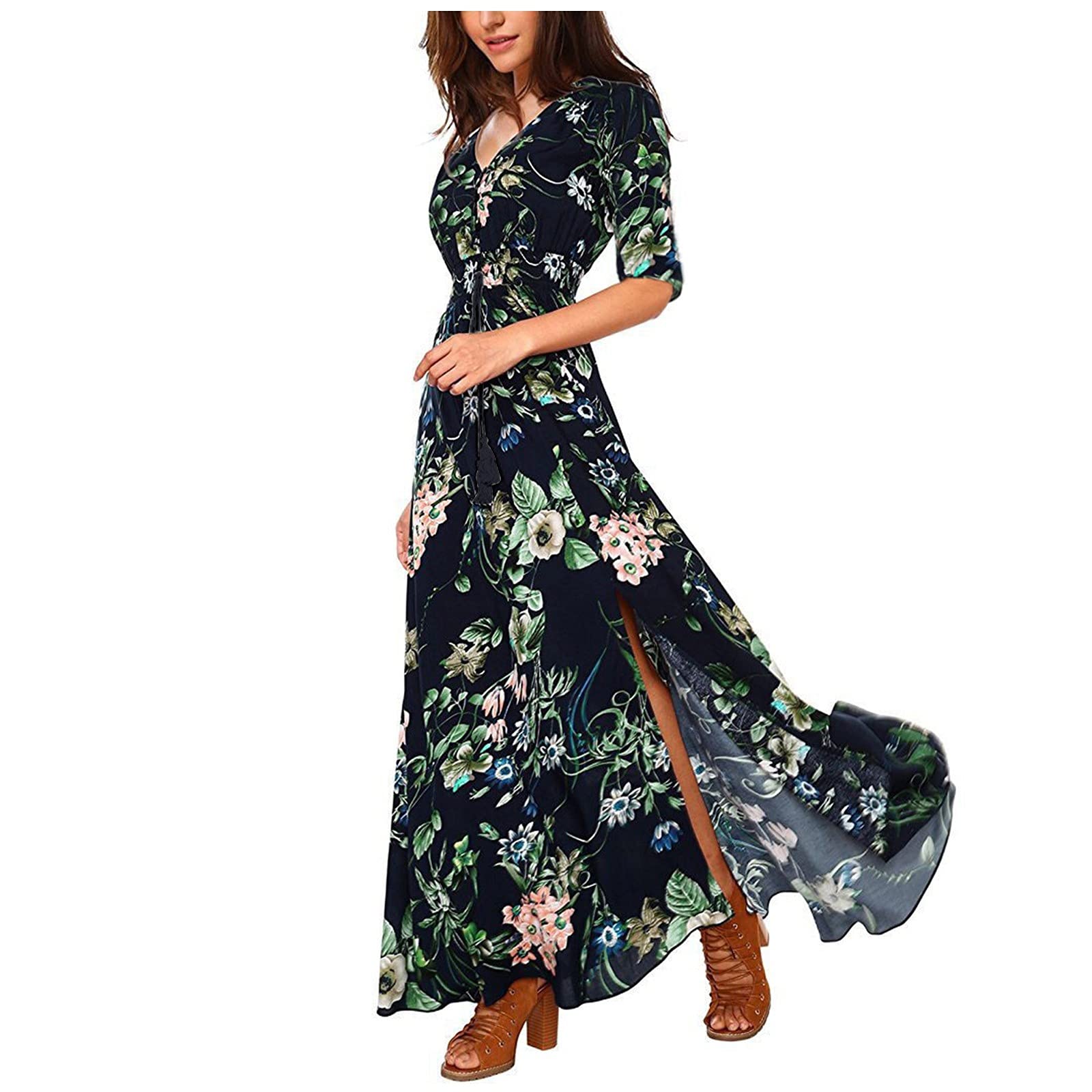 Women's Floral Split Wrap Maxi Dress - Flowy Sleeveless Summer Dress with Button Front & Tassel Details - Perfect for Beach Parties, Vacations & Casual Outings