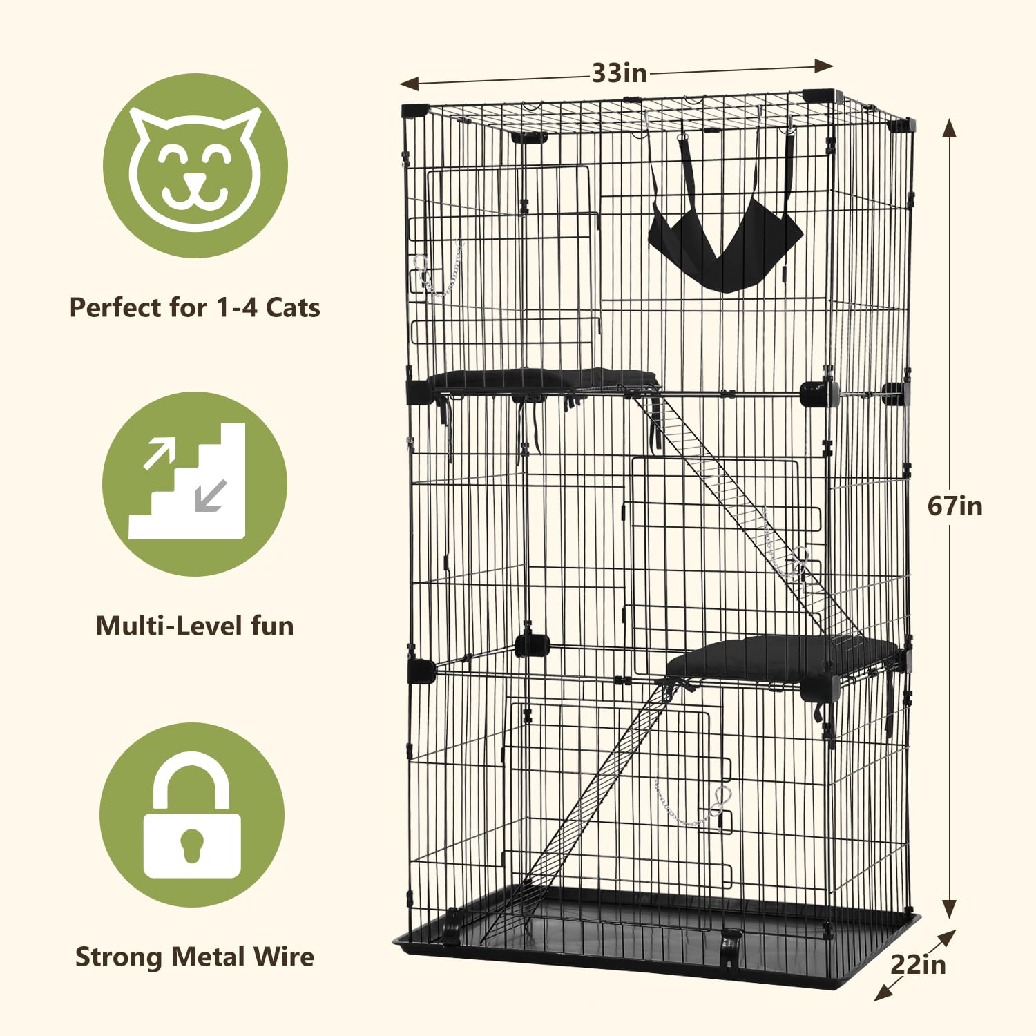 **FDW 3-Tier 67-Inch Collapsible Cat Cage - Indoor & Outdoor Cat Enclosure with Secure Lock, Hammock Bed, Front Doors, Ramp & Perching Shelves - Perfect for Playtime, Training & Safe Outdoor Exploration (Black)**