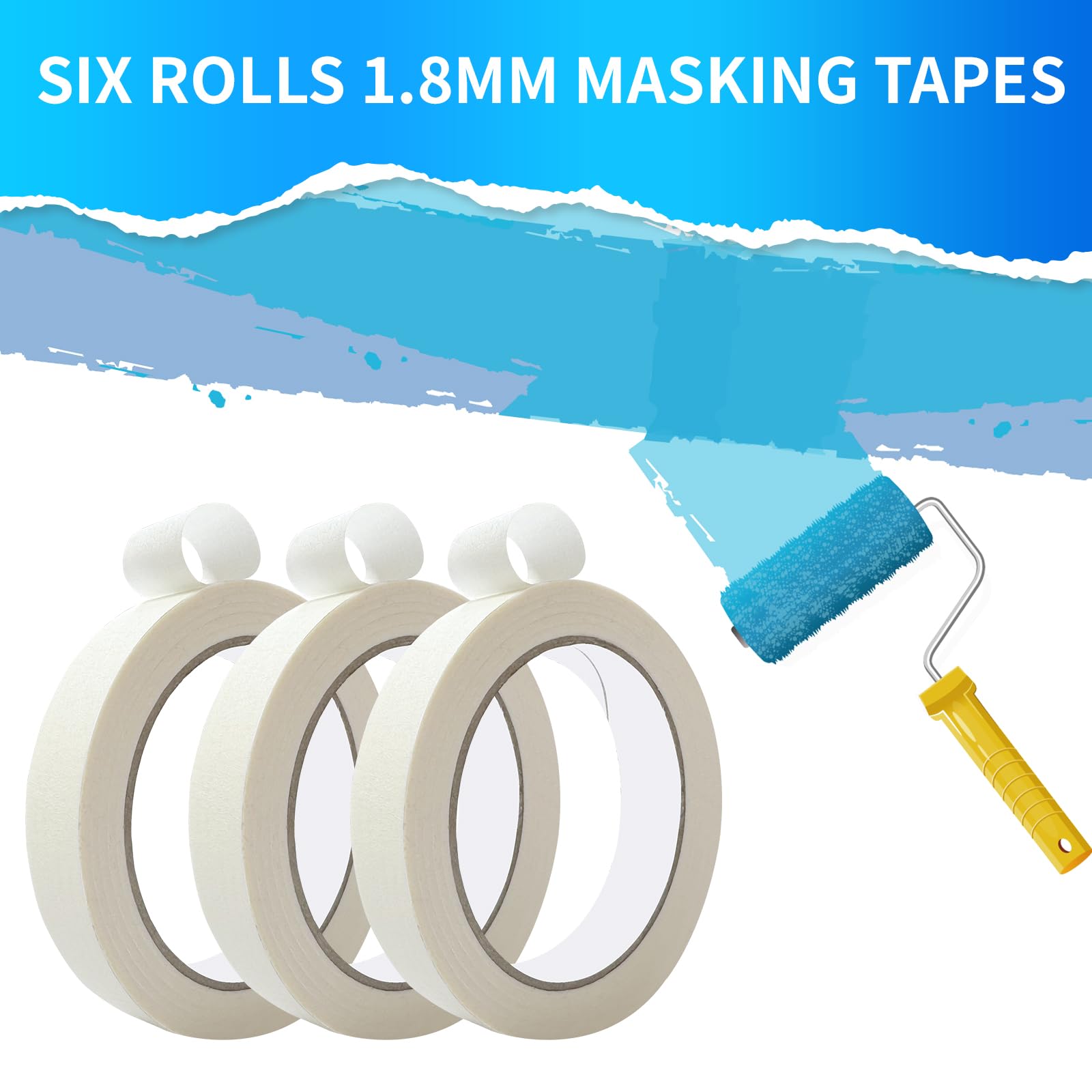 6 Rolls Masking Tape - 18mm x 5M Painters Tape for Walls, White Pinstripe Tape, Automotive & Craft Tape - Perfect for Art Painting, Tile Seamstresses, Automotive Spray Masking, DIY Projects & Home Renovations