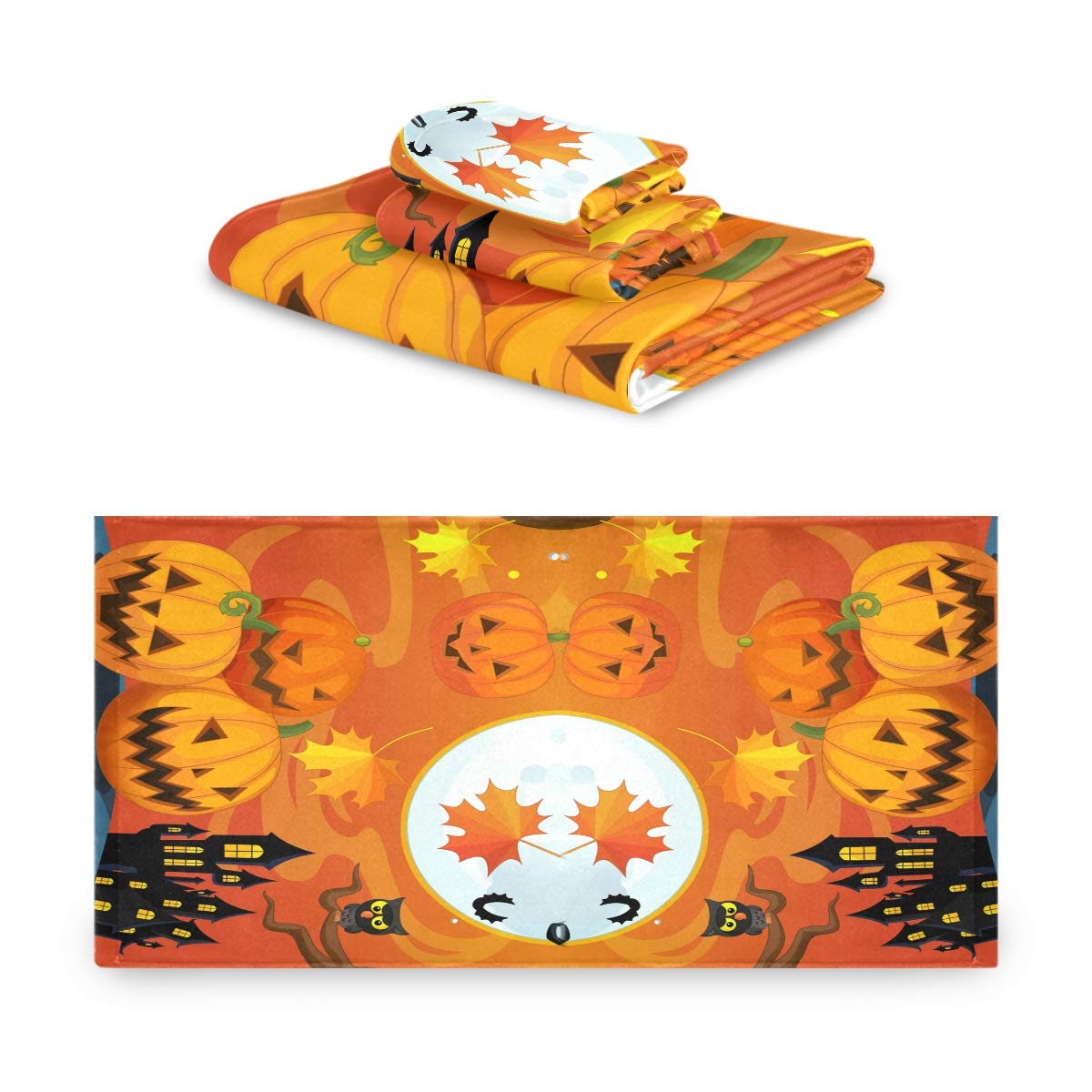 Halloween Pumpkin Leaf Owl Print Bathroom Towel Set - 3-Piece Decorative Towel Bundle (Bath Towel, Hand Towel & Washcloth) for Spooky Fall Bathroom Decor & Seasonal Home Styling