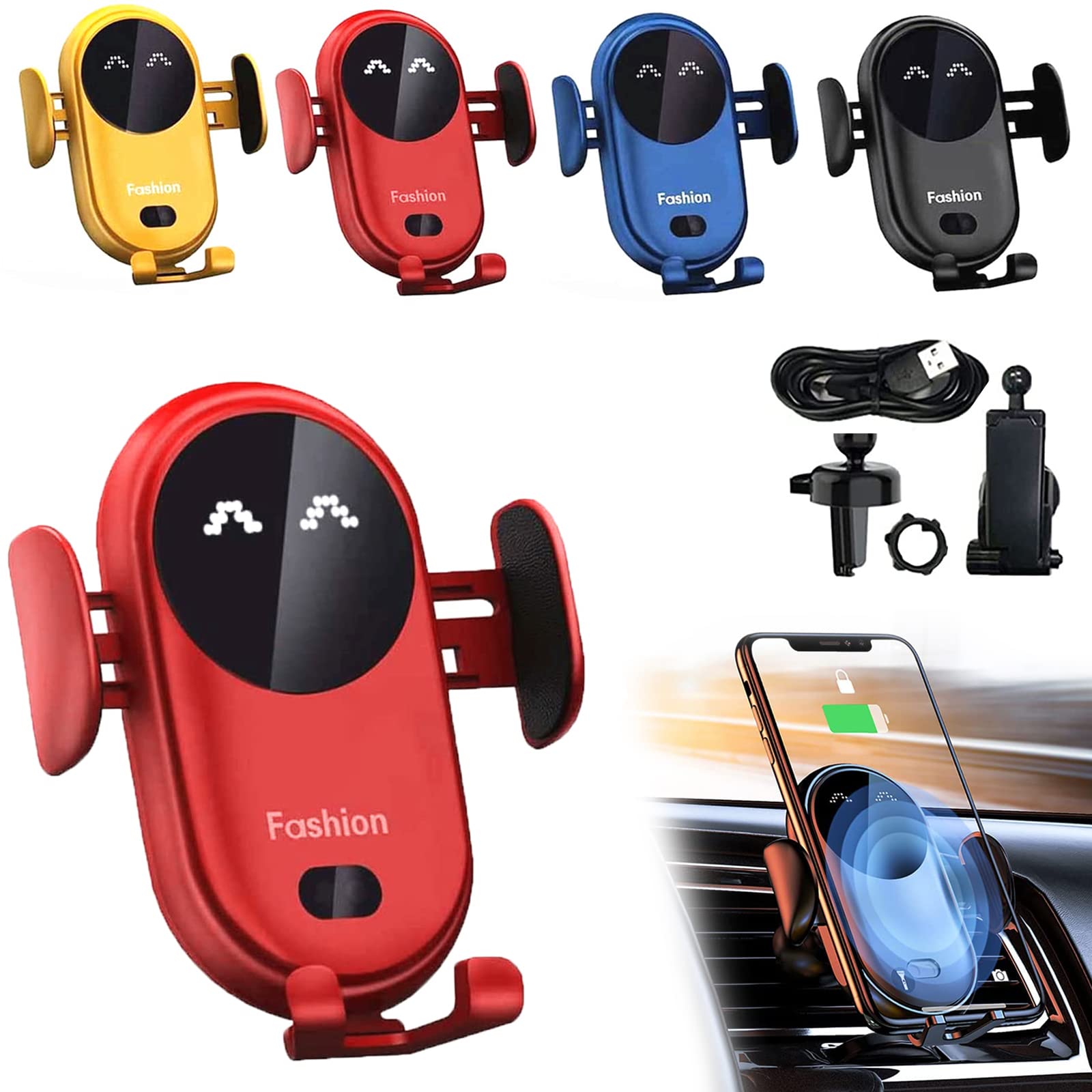 Kharly Smart Car Wireless Charger Phone Holder - Auto-Sensing Fast Charging, Universal Phone Mount Compatible with iPhone 15/14/13, Samsung Galaxy S23/S22, All Smartphones - Perfect for Road Trips & Daily Commute (Red)