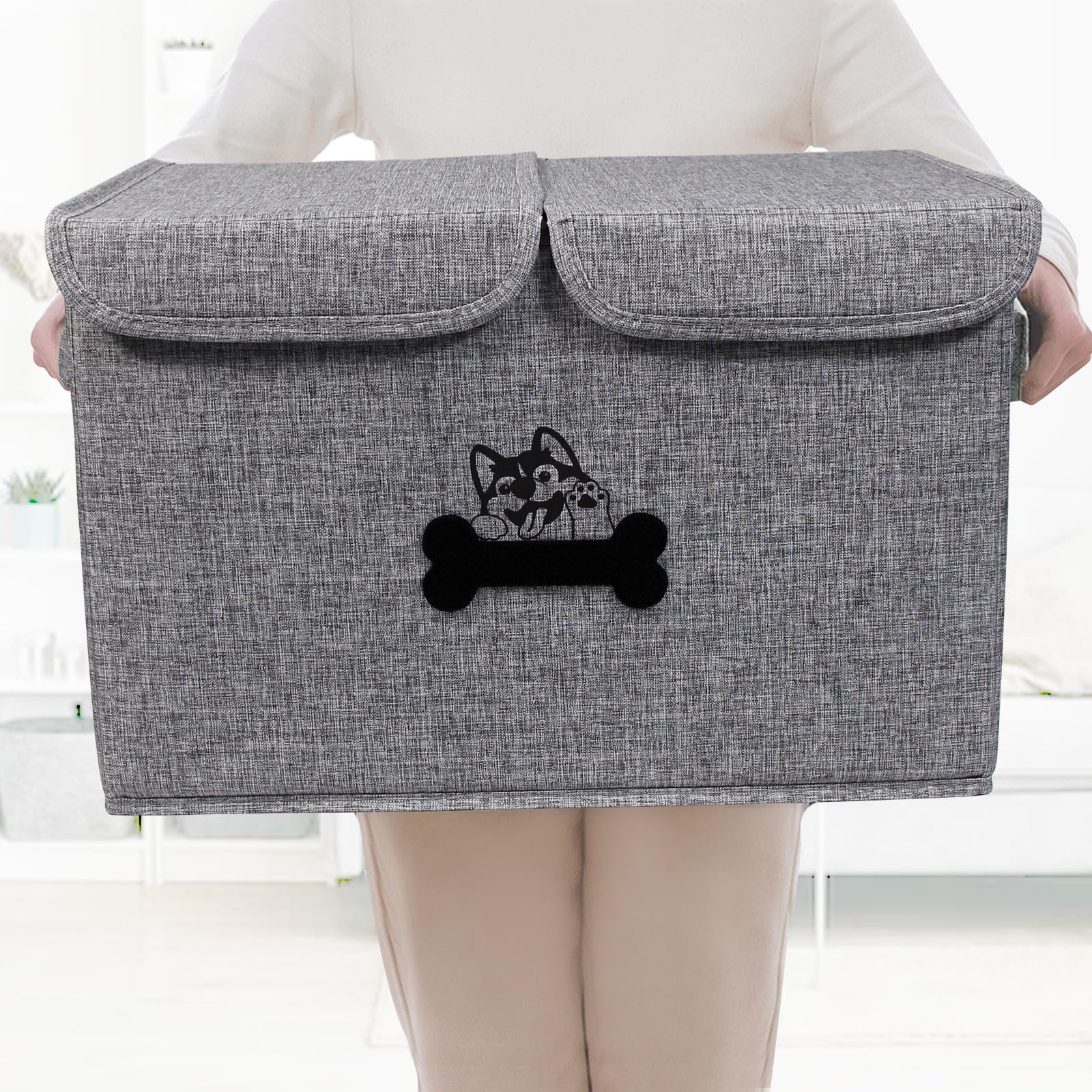 Durable Large Dog Toy Storage Box with Lid - Chew Proof & Collapsible Pet Toy Organizer for Dogs - Personalized Gray Fabric Toy Bin | Perfect for Living Room, Bedroom & Pet Play Area Organization
