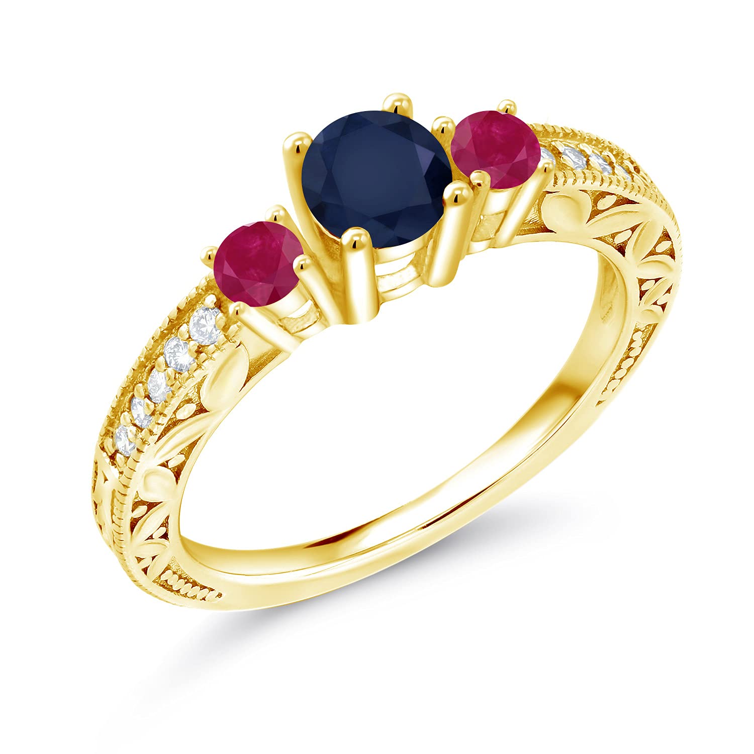 1.04 Ct Natural Round Blue Sapphire & Red Ruby Ring - 18K Yellow Gold Plated Sterling Silver - Engagement, Wedding, Anniversary Jewelry Gift