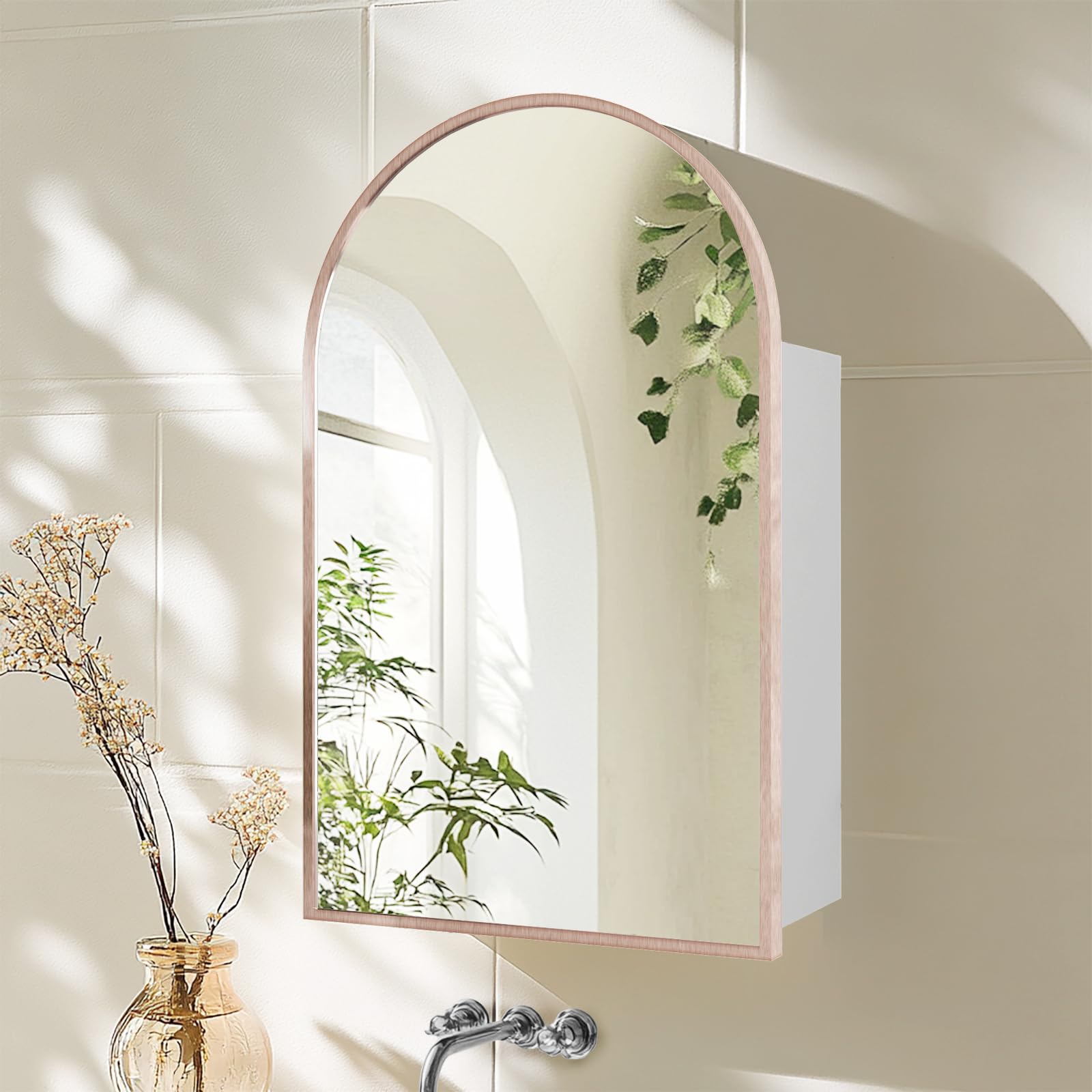 FKWin Arched Medicine Cabinet with Mirror - 16x26 Inch Rose Gold Aluminum Alloy Brushed Frame, Wall Mounted Bathroom Storage Mirror with 2 Adjustable Shelves, Surface Mount Vanity Mirror (Not Recessed) - Perfect for Small Bathrooms, Powder Rooms & Modern Home Decor