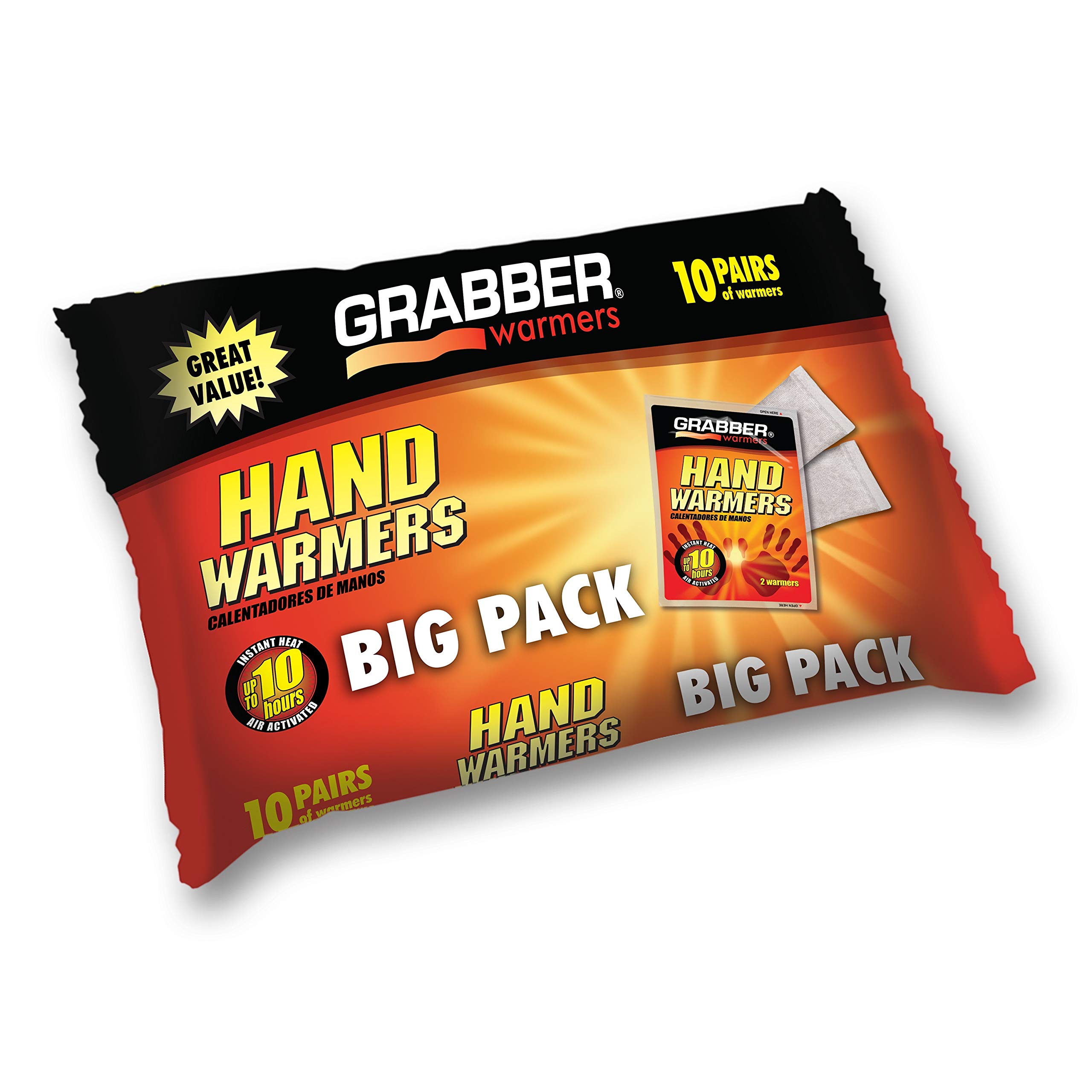 Grabber HH2 Hothands Hand Warmers (10 Pack) - Instant Heat for Outdoor Activities, Hunting, Skiing & Winter Sports