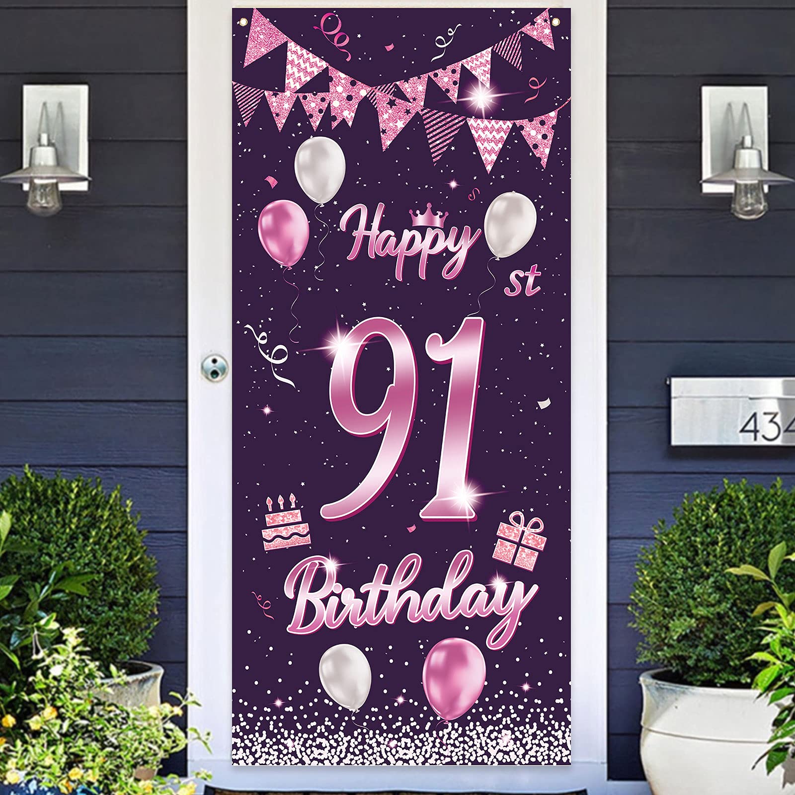 91st Birthday Decorations - Purple Rose Banner, Balloons & Confetti Backdrop for Women & Men | Cheers to 91 Years Party Supplies | Perfect for Door Cover, Porch & Birthday Party Backgrounds