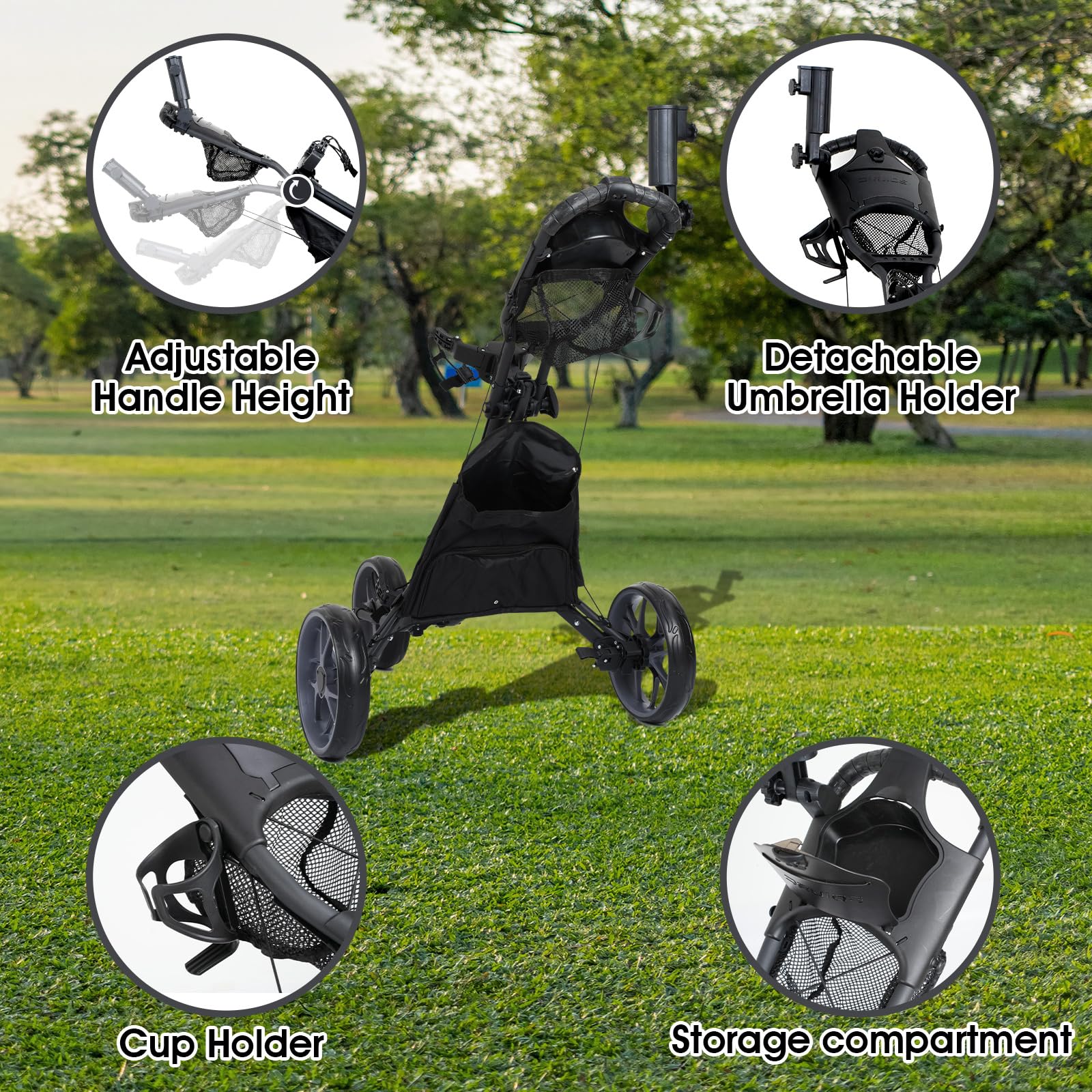 DRUIDS 3 Wheel Golf Push Cart - Lightweight Compact Folding Golf Trolley with Cooler, Brake & Cup/Umbrella Holder | Manual Pull Caddy for Walking Golfers | Perfect for Golf Courses, Driving Ranges & Outdoor Practice