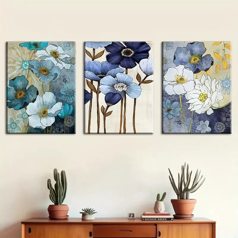 3-Piece Abstract Floral Blue Lotus Flowers Wall Art Set - Framed Canvas 40x60cm (16x24 Inches) - High Quality Print - 100% Australian Made - Ready to Hang - Perfect for Living Room, Bedroom & Office Decor