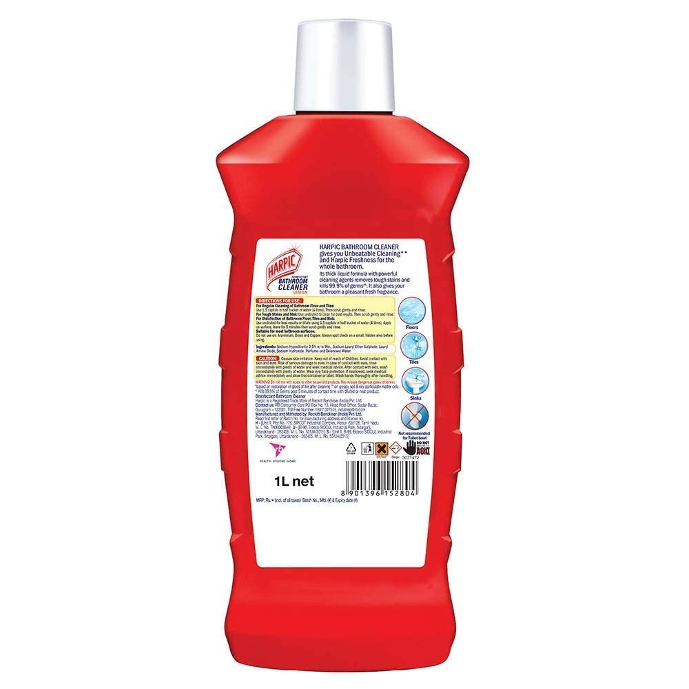 Harpic Lemon Disinfectant Bathroom Cleaner & Toilet Cleaner Liquid - 2 x 1L Pack | Kills 99.9% Germs | Fresh Lemon Scent | For Bathroom, Toilet, Sink & Tile Cleaning | Fast Stain Removal | Leaves No Residue