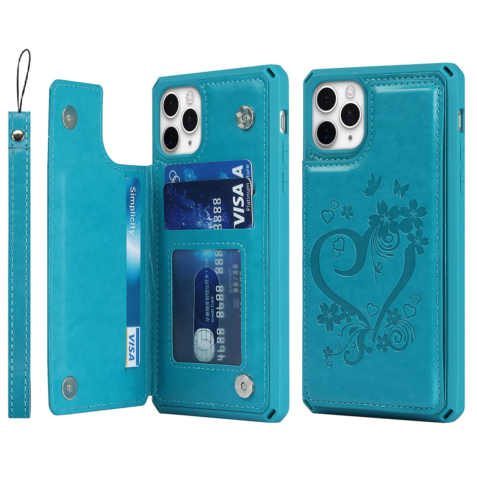 **Premium RFID Blocking Wallet Case for iPhone 11 Pro Max (6.5 Inch) – PU Leather Magnetic Flip Cover with Card Holder, Wrist Strap & Shockproof Protection – Heart Blue – Perfect for Travel, Work & Daily Use**