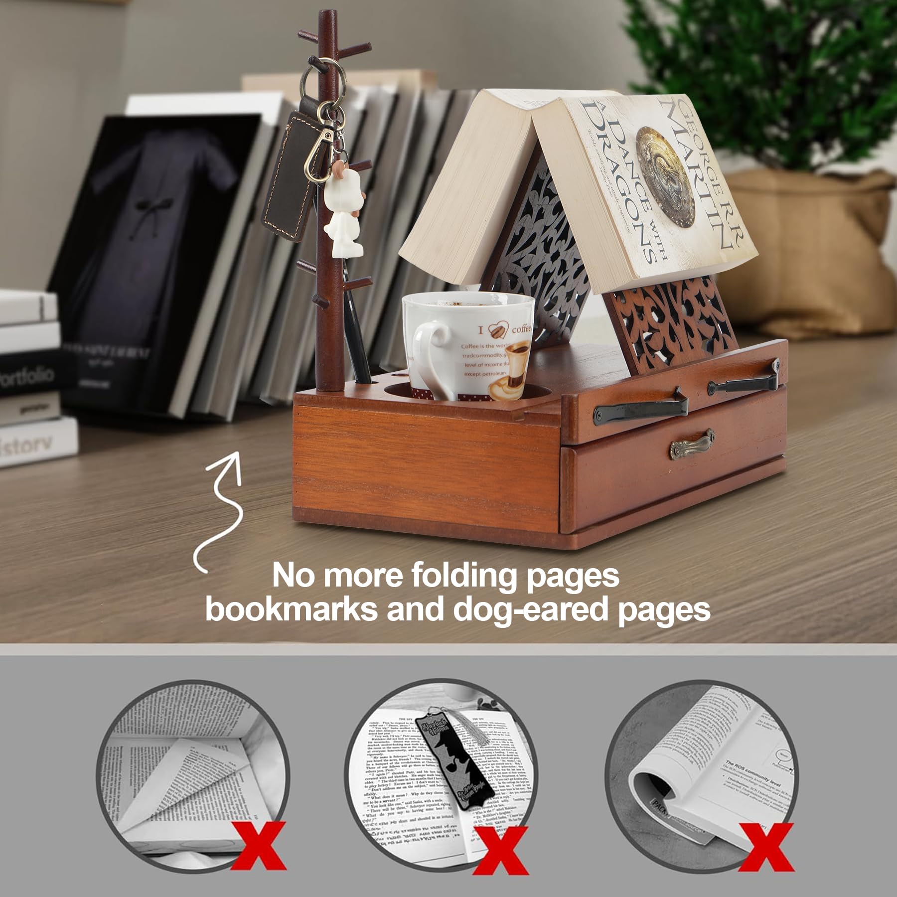 Wooden Book Stand for Hands-Free Reading - Adjustable Triangle Book Holder with Cup, Glasses, Pen & iPad Holder - Book Page Holder Stand with Drawer - Perfect Gift for Book Lovers - Ideal for Home, Office & Library Use