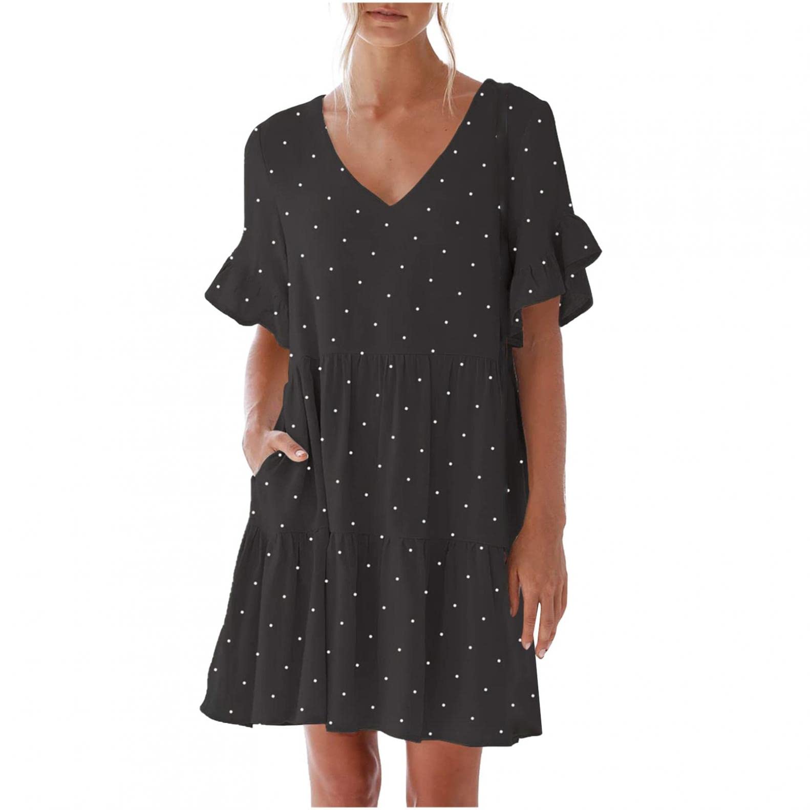 Women's Summer Casual Babydoll Dress - Sweet & Cute V-Neck Ruffle Short Sleeve Loose Mini Dress with Pocket | Perfect for Beach, Vacation, Date Night and Everyday Wear