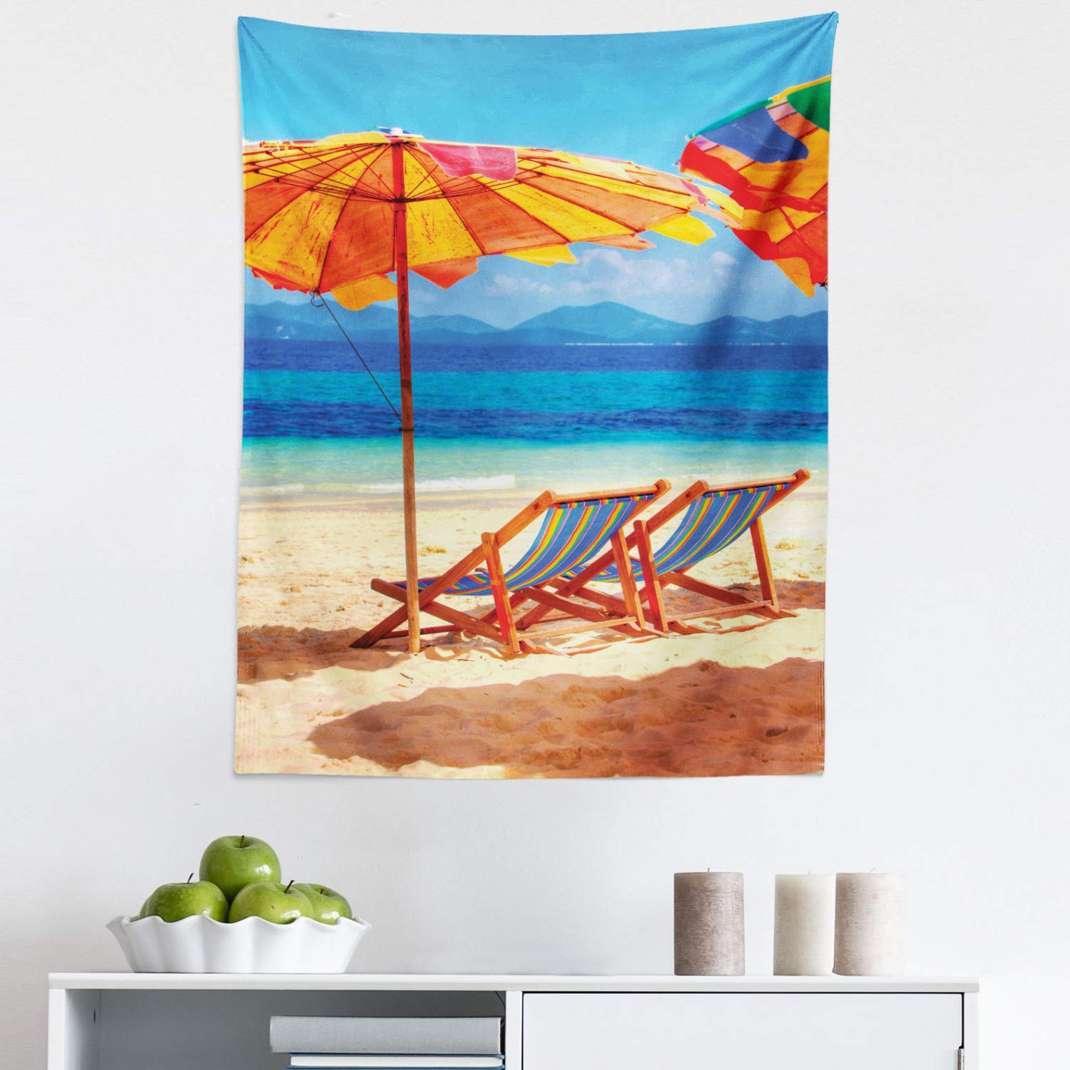 Ambesonne Tropical Beach Tapestry - Ocean View Deck Chairs Wall Art Decor for Bedroom, Living Room & Dorm | 23x28 Inch Coastal Home Decor | Perfect for Beach House, Vacation Theme & Boho Style Rooms