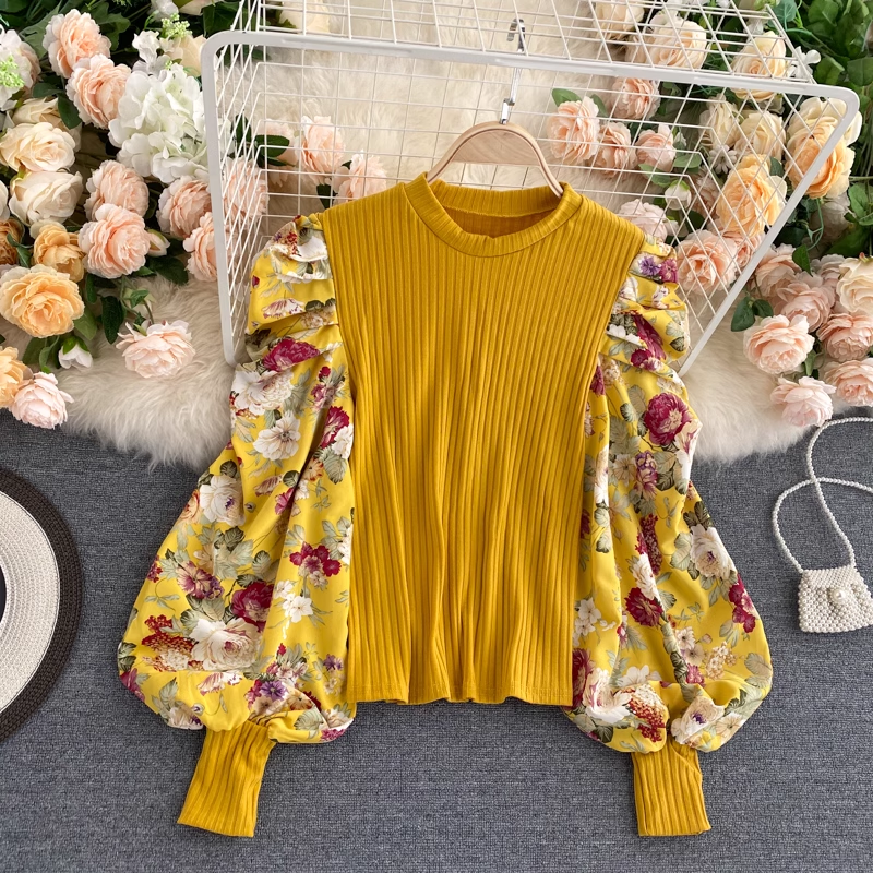 Floral Print Balloon Sleeve Round Neck Blouse - Women's Boho Chic Tops for Casual Wear, Date Night & Summer Outfits