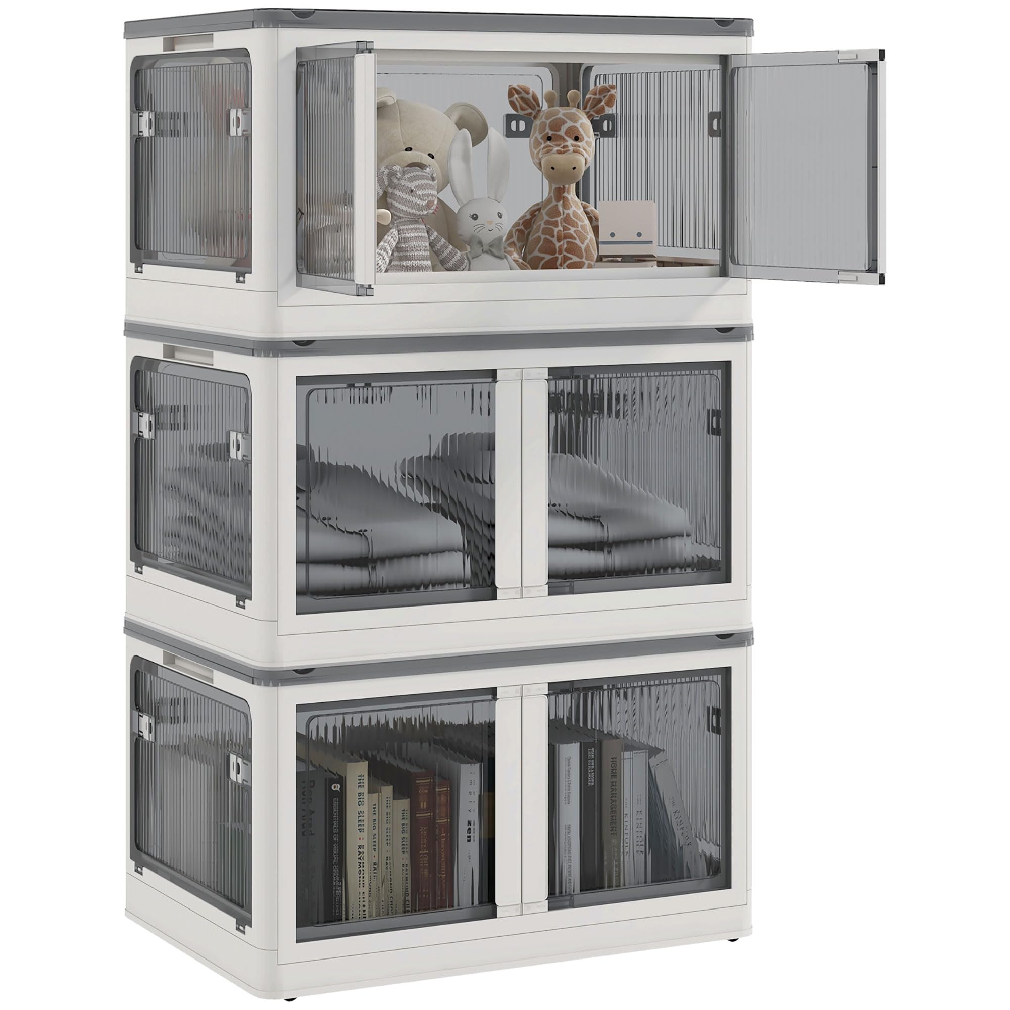 32 Gallon Stackable Storage Bins with Lids - 3 Pack Collapsible Closet Organizers with Wheels, White Blanket Storage Containers for Home, Garage, Dorm & Office Organization