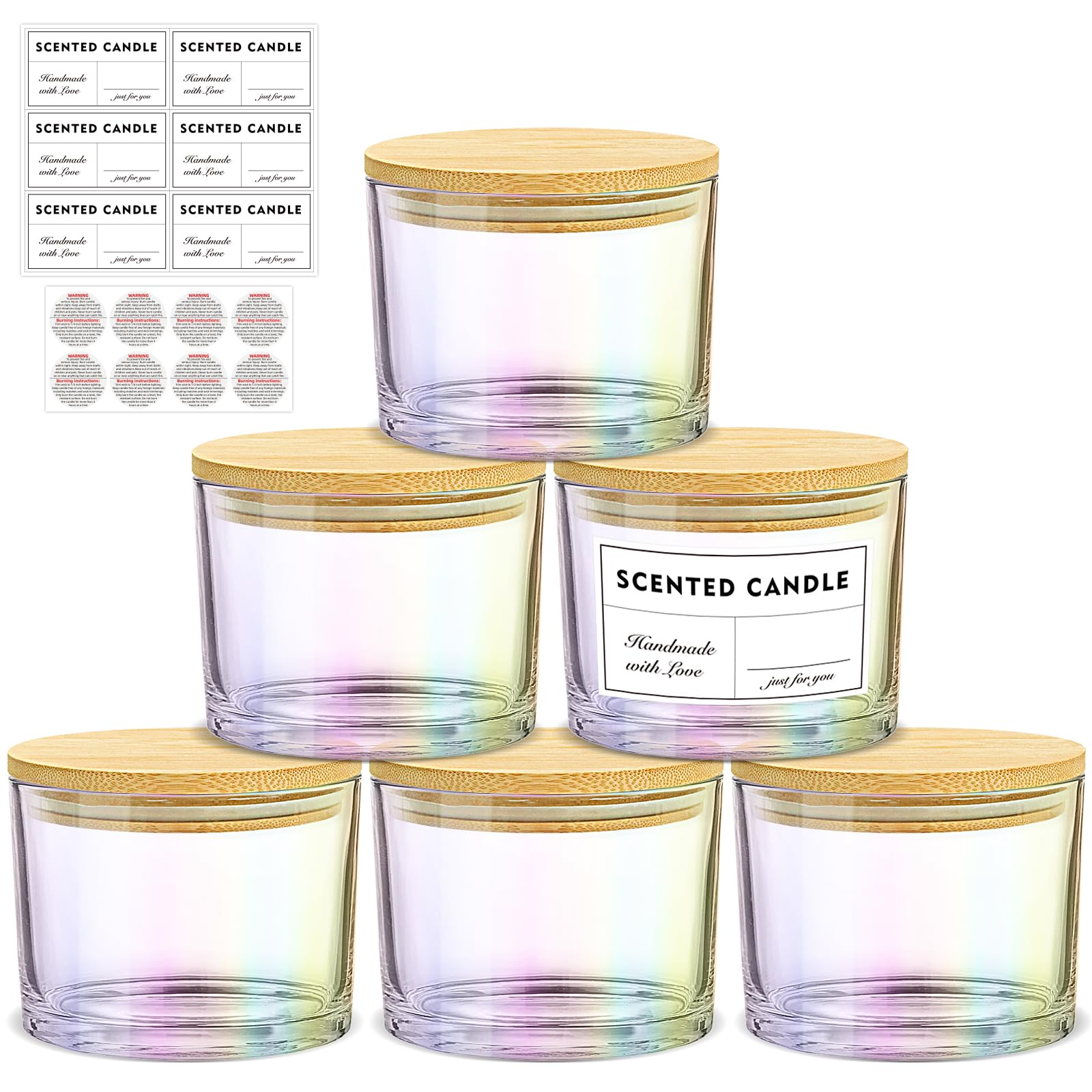 16oz 3 Wick Candle Jars 6 Pack - Large Empty Iridescent Wide Mouth Glass Containers with Bamboo Lids, Stickers & Labels | DIY Candle Making Supplies for Home Decor, Wedding Favors, Spa Relaxation & Gift Giving