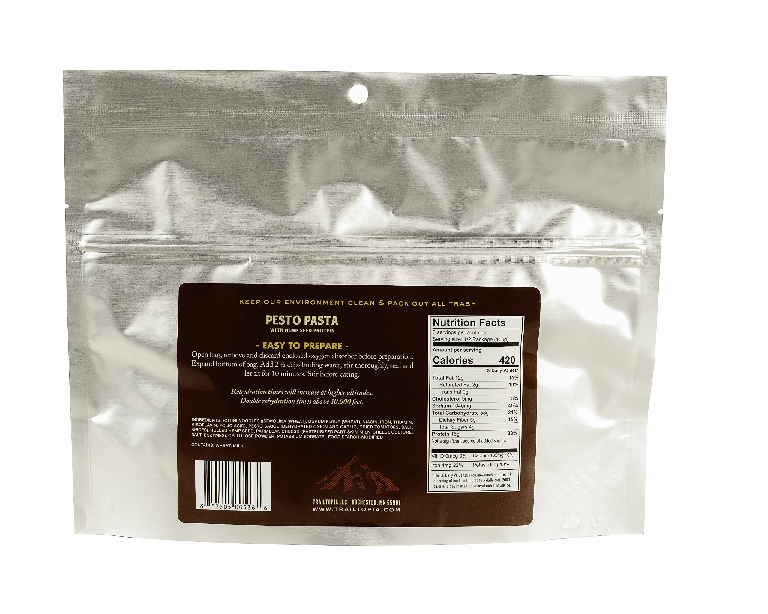 Trailtopia Freeze Dried Pesto Pasta with Hemp Seed Protein - High Protein Backpacking Meal | Lightweight Camping Food | Quick Prep 10 Minute Dinner | Gluten Free Vegan Hiking Food for Outdoor Adventures | Perfect for Camping, Hiking and Emergency Preparedness