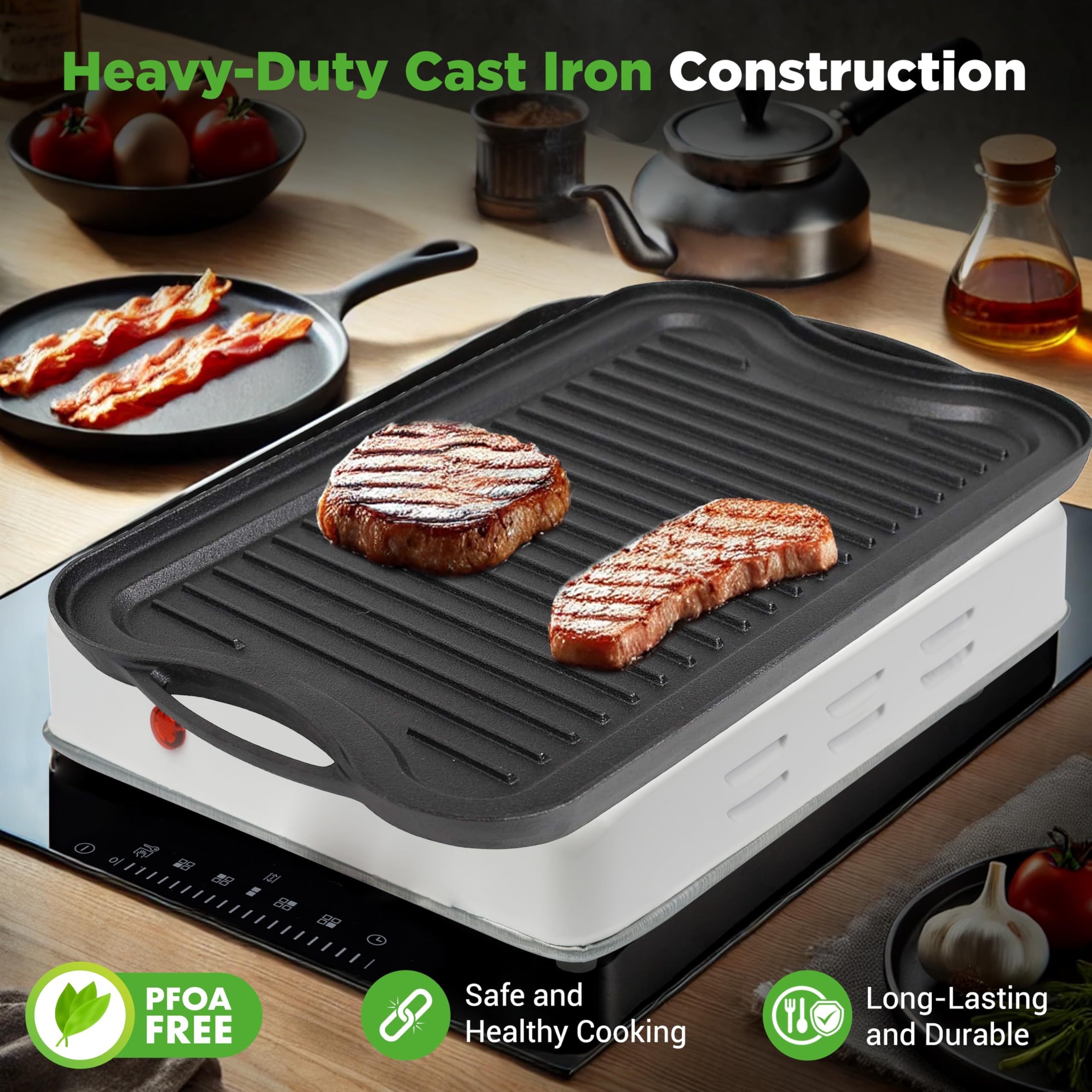 NutriChef Reversible Cast Iron Griddle – Dual-Sided Flat & Grill, Extra-Wide 20