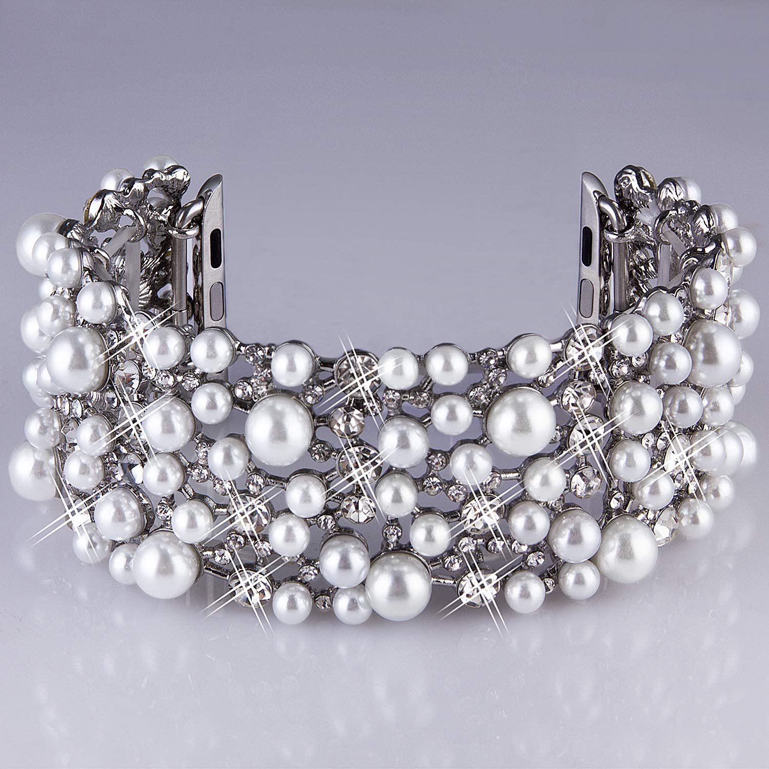 VIQIV Bling Bands Compatible with Apple Watch 38mm 40mm 41mm 42mm 44mm 45mm 49mm - Diamond Rhinestone Metal Pearl Bracelet Strap for Women - Perfect for Parties, Weddings, and Special Occasions