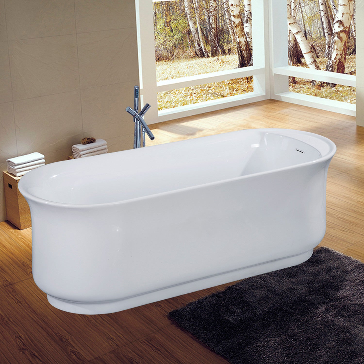 Aqua Eden 66 Inch Acrylic Oval Freestanding Bathtub - Glossy White, Anti-Skid Surface with Drain - Luxury Soaking Tub for Spa-Like Bathroom Experience