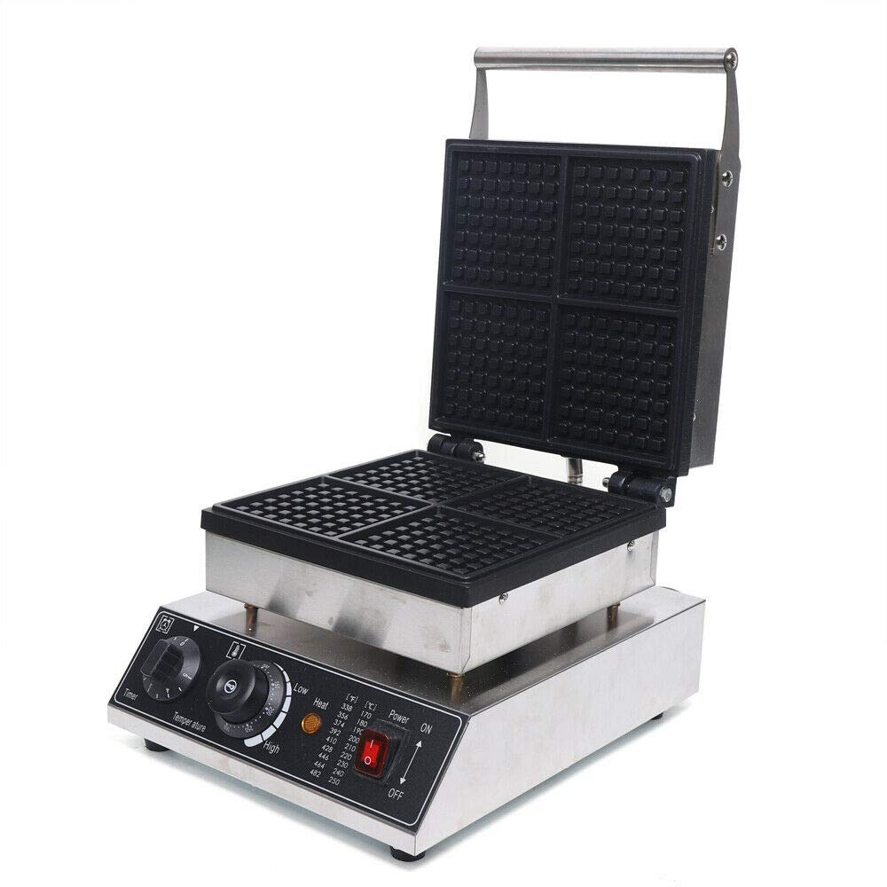 Commercial Waffle Maker 4-Slice Nonstick 1750W Electric Waffle Iron Machine with Adjustable Temperature 50~300℃, Stainless Steel 110V - Perfect for Restaurants, Cafes, and Home Breakfast