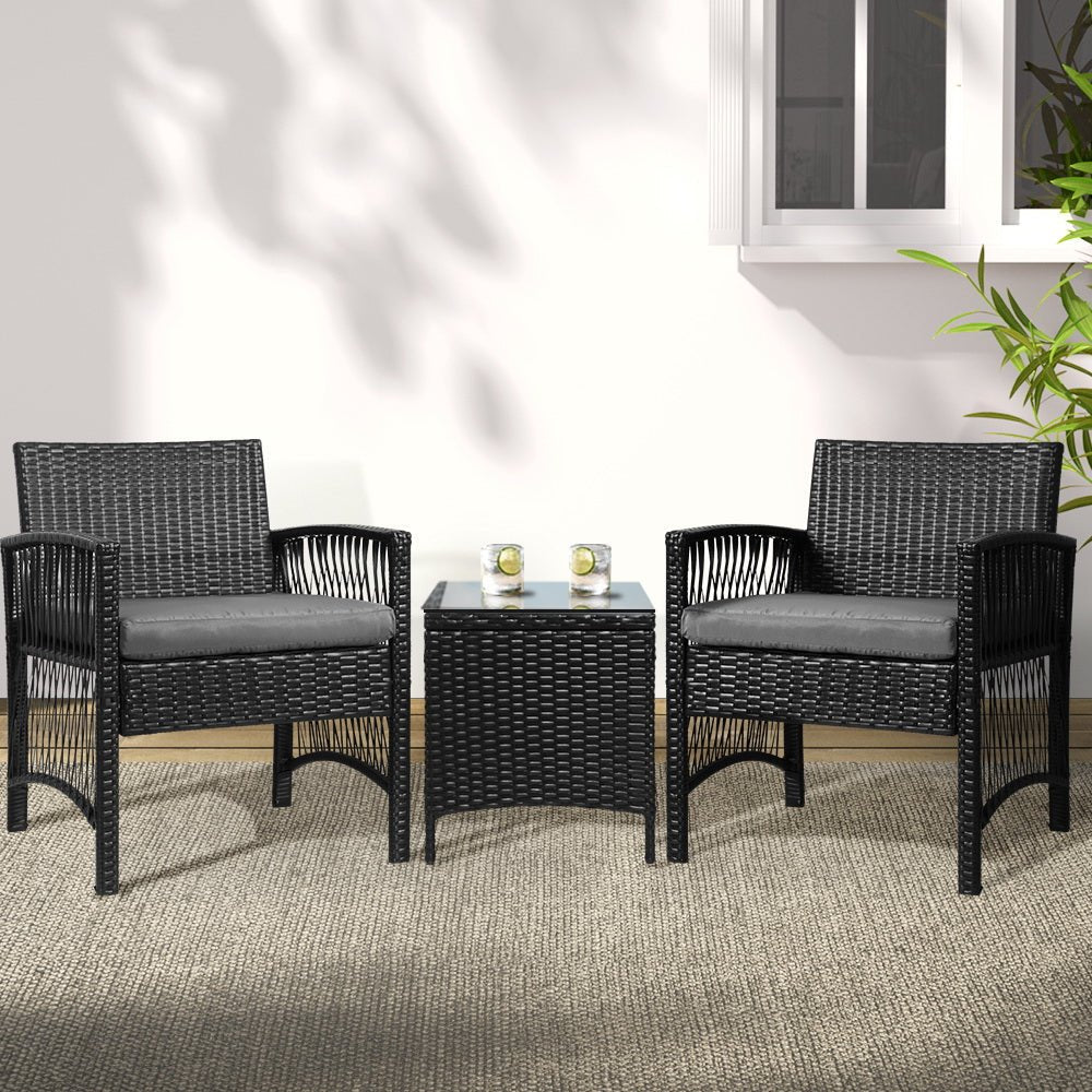 3-Piece Outdoor Bistro Set - Patio Furniture with Wicker Dining Chairs & Table - Black Cushion Included - Perfect for Garden, Balcony, and Backyard Relaxation
