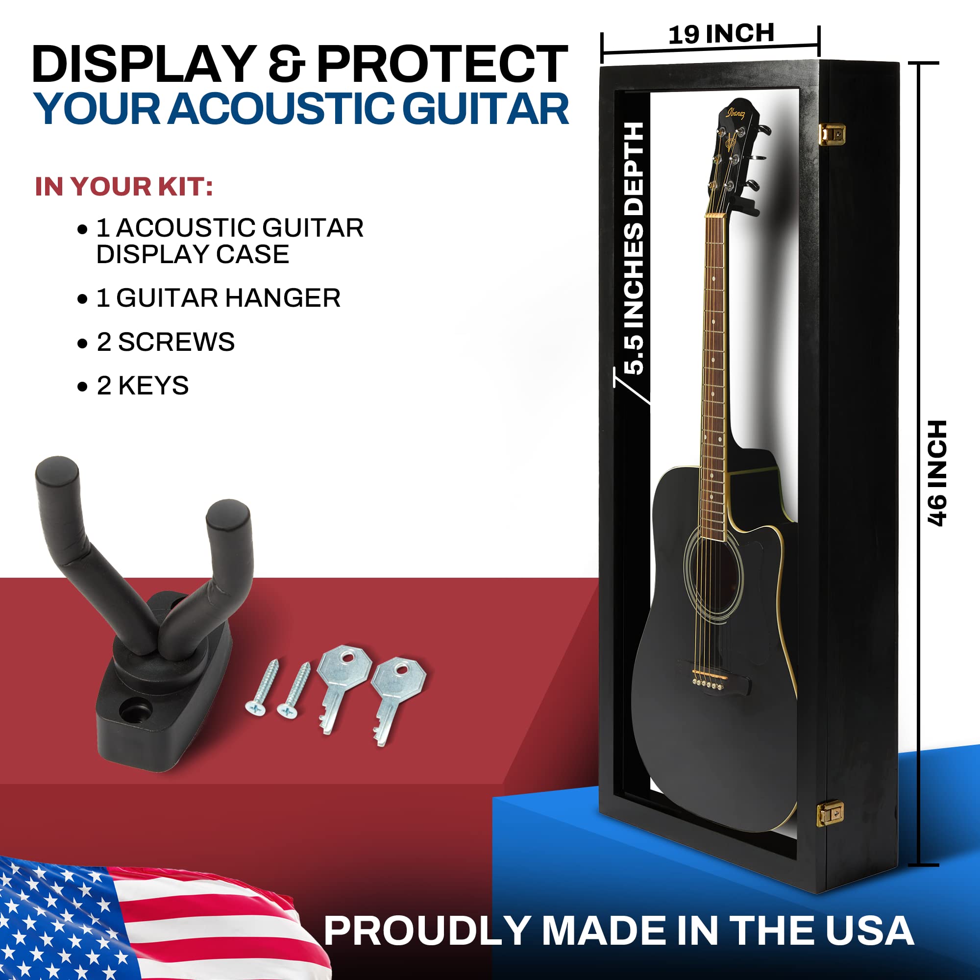 Premium Acoustic Guitar Display Case - Clear Acrylic Wall Mount Guitar Case with Hardwood Frame (Black with White Felt) - Perfect for Home, Studio & Music Store Decor