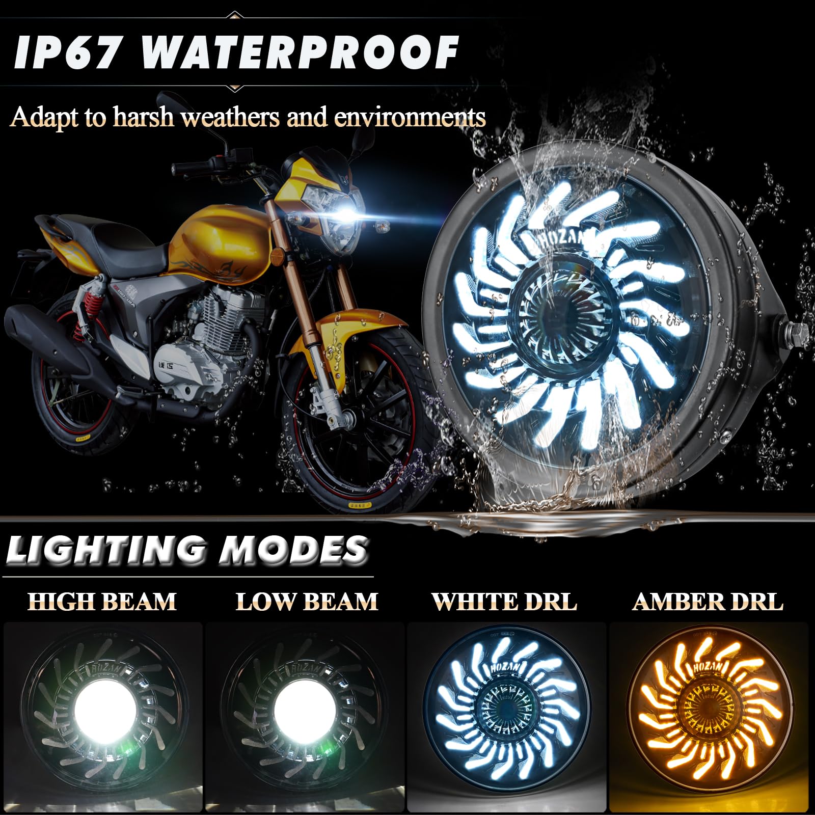 Demon Eye Motorcycle Headlight with Housing Bucket - White/Amber DRL LED Light for Buell Blast, Cafe Racer, CB400, CB919, Vulcan - High Visibility Night Riding & Custom Bike Builds