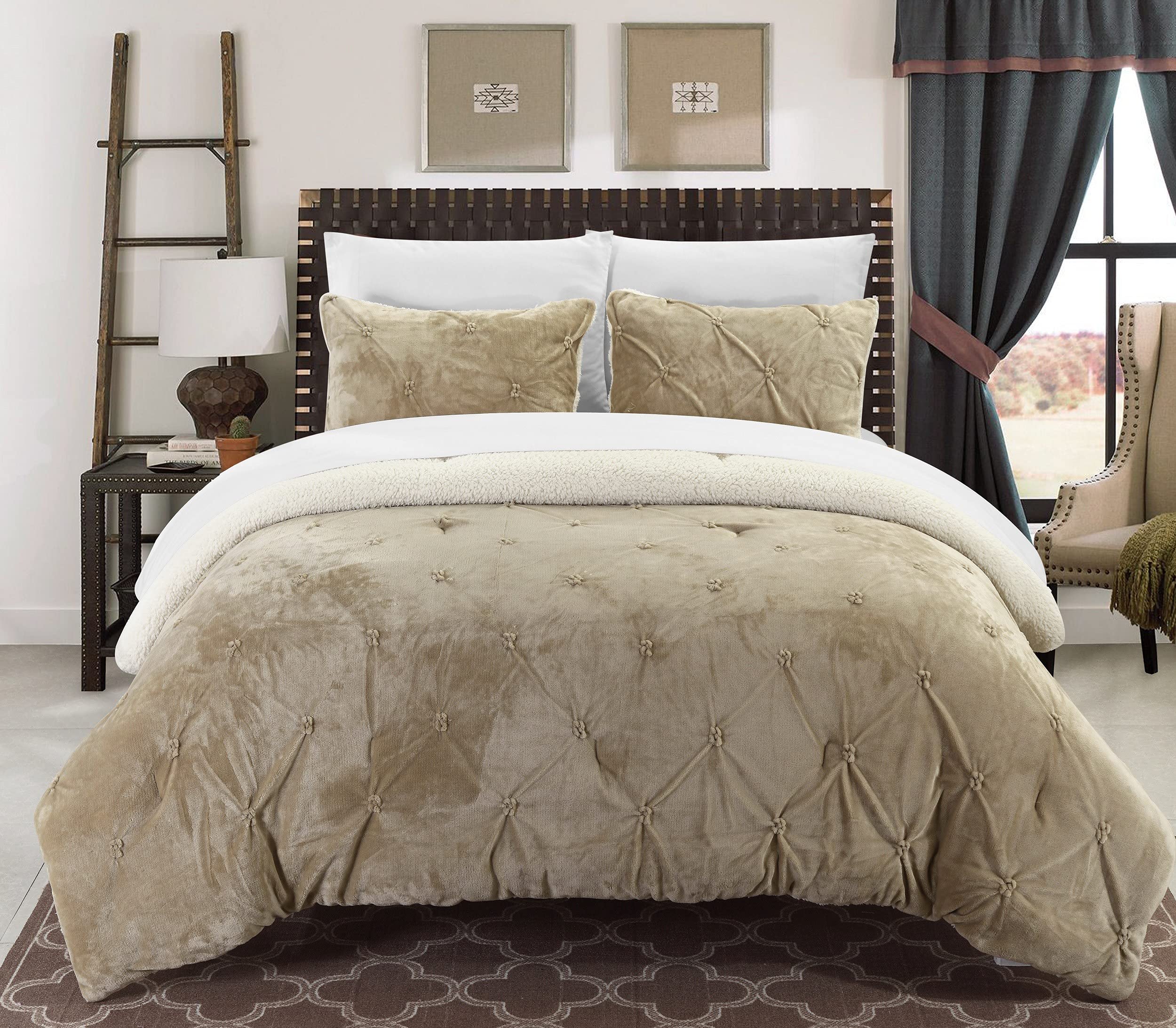 Chic Home Josepha Pleated Ruffled Pintuck Sherpa Lined Twin-XL Comforter - Soft Beige Bedding for Cozy Winter Nights & Luxurious Bedroom Decor