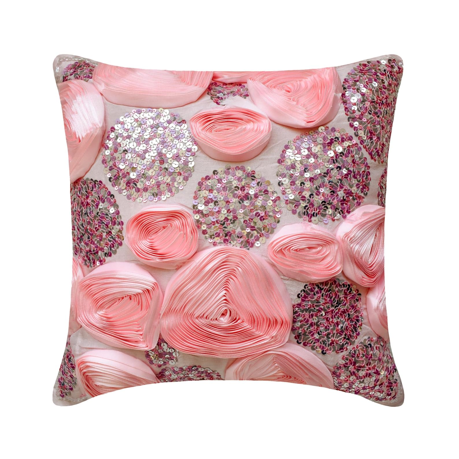 Luxury Pink Silk Euro Pillow Sham 26x26 Inch (65x65 cm) - Floral Roses & Ribbon Embroidery Modern European Pillow Cover for Bedroom Decor, Sofa Throw Pillow, Living Room Accent - Sweet Kisses Design