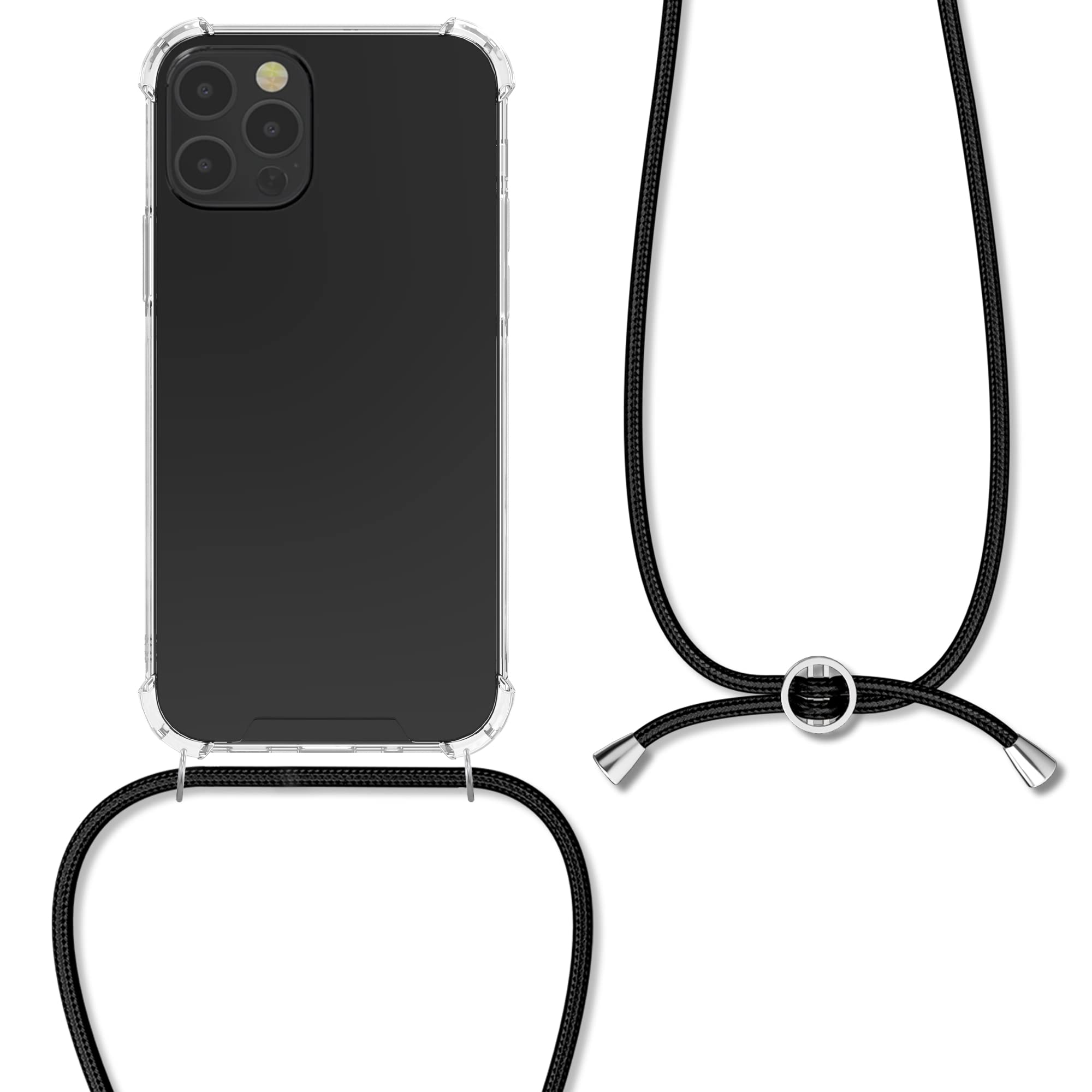 kwmobile Clear TPU Crossbody Phone Case Compatible with Apple iPhone 12 & iPhone 12 Pro - Protective Cover with Adjustable Lanyard Strap (Black/Transparent) - Perfect for Travel, Shopping & Outdoor Activities