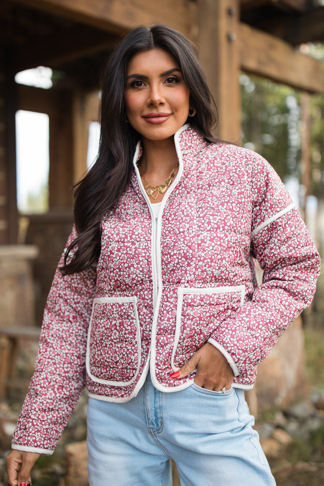 Set Me Free Berry Floral Quilted Jacket - Women's Lightweight Outerwear for Spring & Fall - Perfect for Casual Outings, Date Nights & Travel