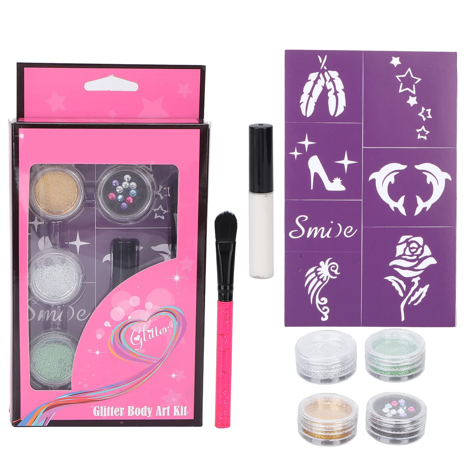 3-Color Nail & Body Glitter Powder Kit with Glue Brush & Stencils - Shimmer Makeup for Cosplay, Festival, Halloween & Nail Art | Face & Body Safe Glitter for Adults