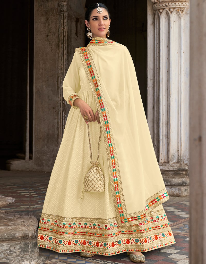 Beige Anarkali Semi Stitched Suits for Women | Traditional Indian Ethnic Wear | Perfect for Weddings, Festivals & Special Occasions