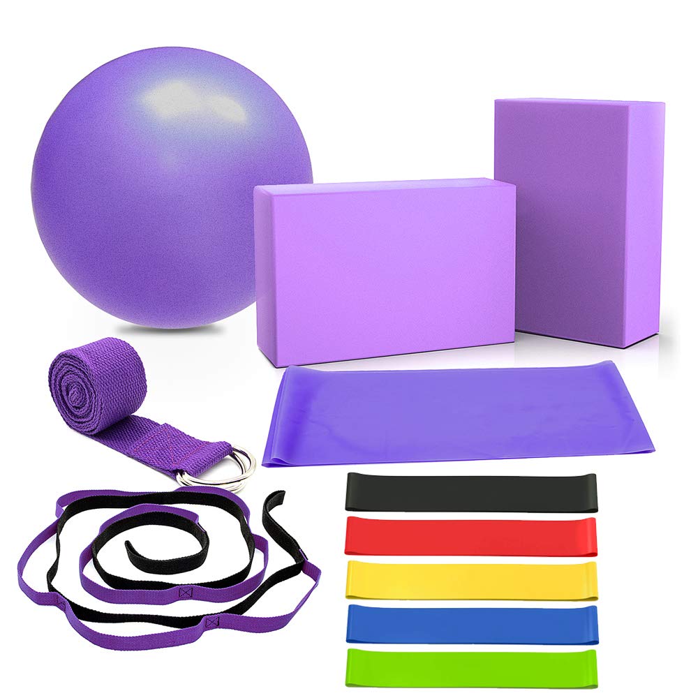 11-Piece Yoga Set for Beginners - 10-Inch Fitness Ball, Yoga Blocks, Stretch Strap & Resistance Bands (5-40LBS) with Cotton Exercise Strap | Home Workout, Pilates & Gym Training Equipment