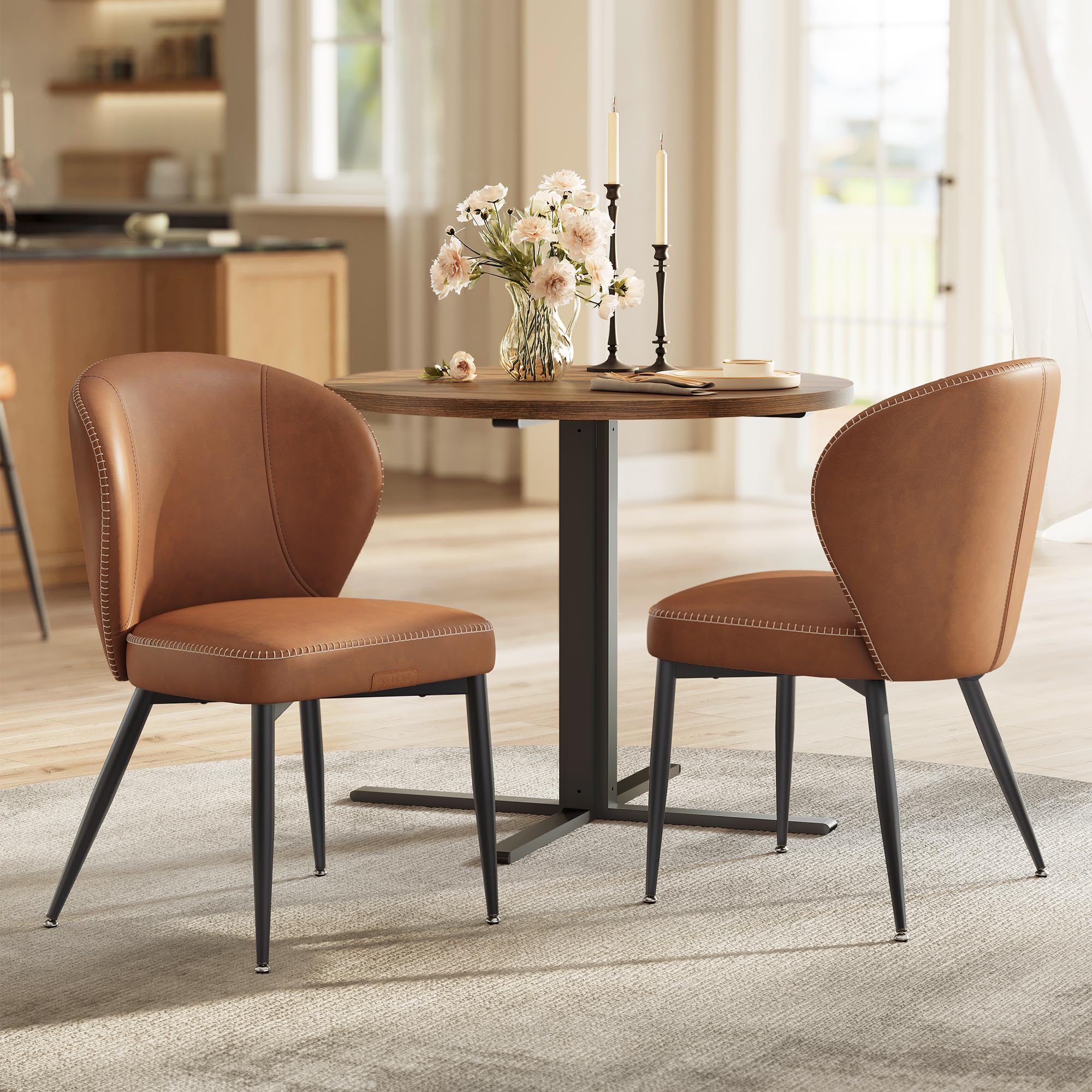VASAGLE EKHO Mid-Century Modern Dining Chairs Set of 2 - Upholstered Kitchen Chairs with Comfortable Synthetic Leather Seat & Stitching - Easy Assembly - Caramel Brown - Perfect for Dining Room, Kitchen, Living Room & Lounge Areas