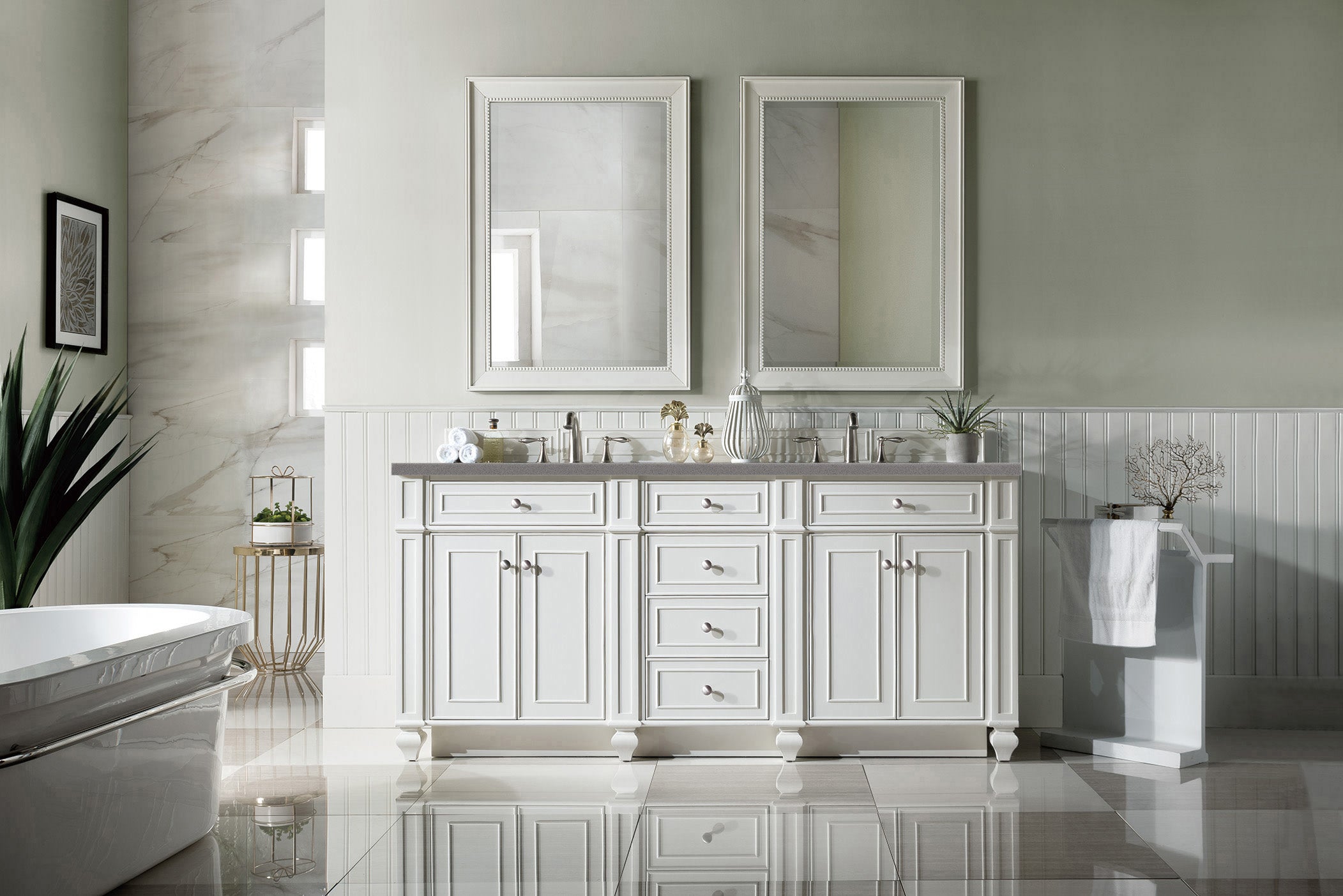 Bristol 72 Inch Double Bathroom Vanity with 3CM Grey Expo Quartz Top - Bright White Finish for Modern Master Bathroom & Guest Bathroom Remodeling