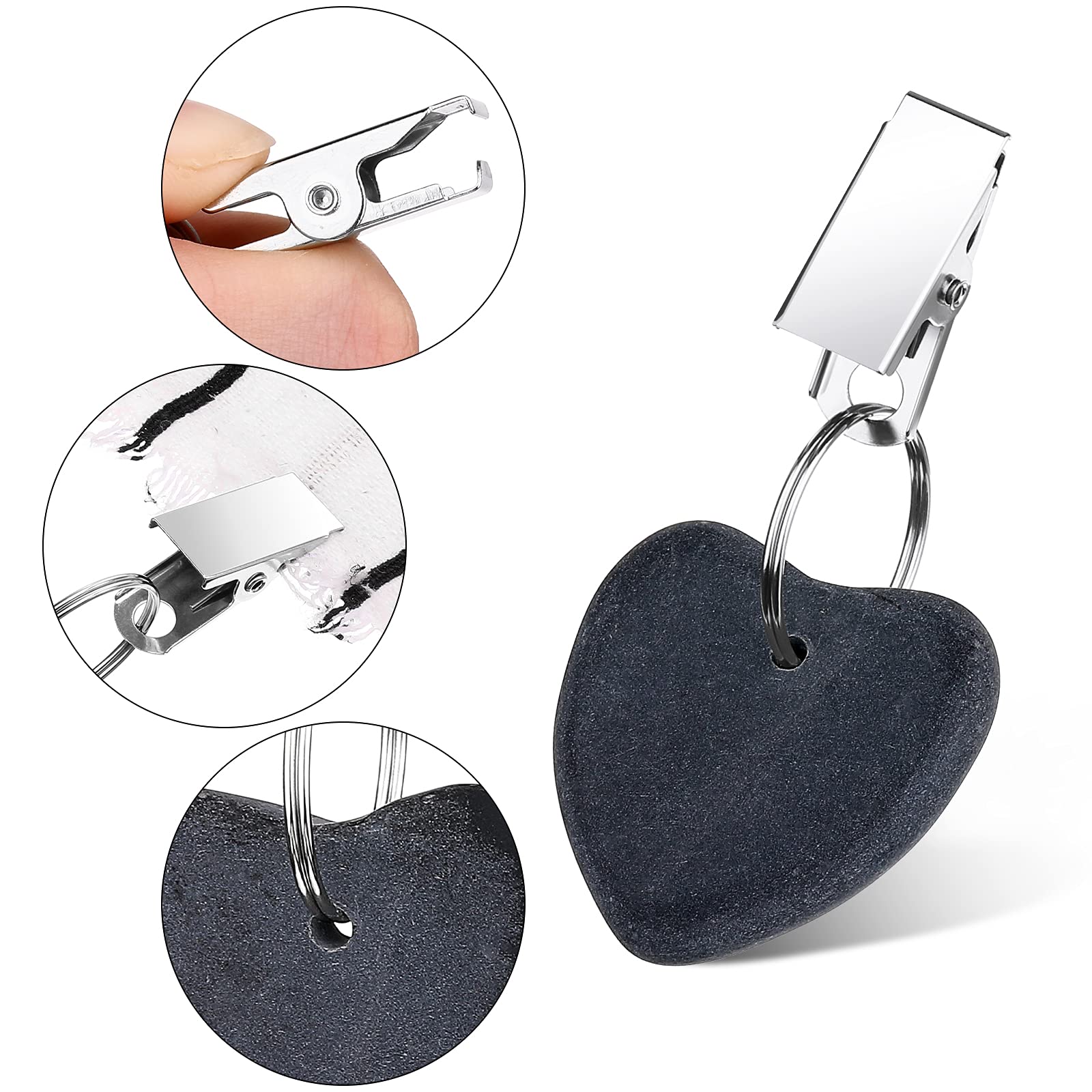 Heart-Shaped Tablecloth Weights with Stainless Steel Clips - 8 Pack Dark Gray Stone Table Clamp Weights for Outdoor Picnics, Family Dinners & Party Decorations