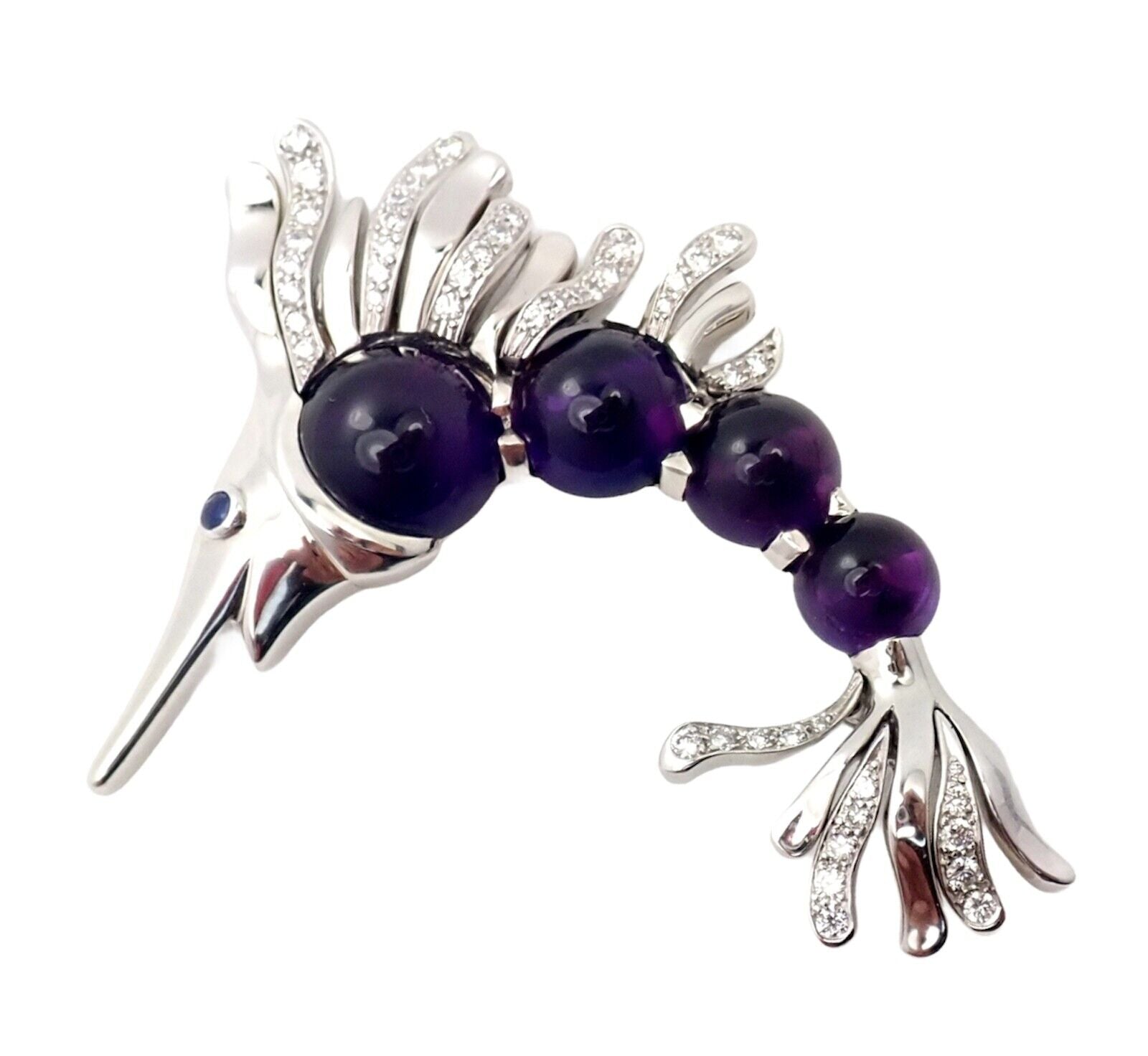 Chanel 18K White Gold Amethyst Diamond Miami Marlin Fish Brooch Pendant - Luxury Jewelry for Women, Elegant Gift for Special Occasions, Perfect for Parties and Formal Events