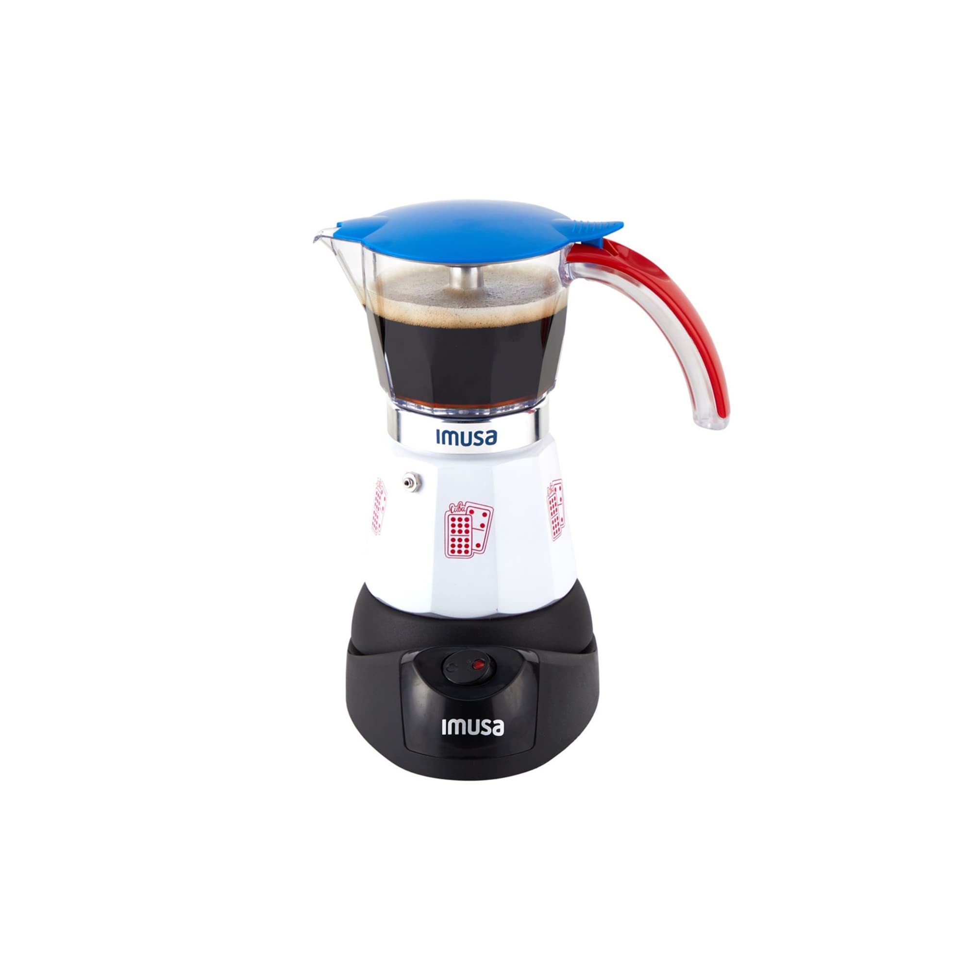 IMUSA Electric Espresso Coffee Maker - 3 or 6 Cup Capacity, Cuba/Domino Themed (White/Red/Blue) - Perfect for Home, Office & Entertaining Guests