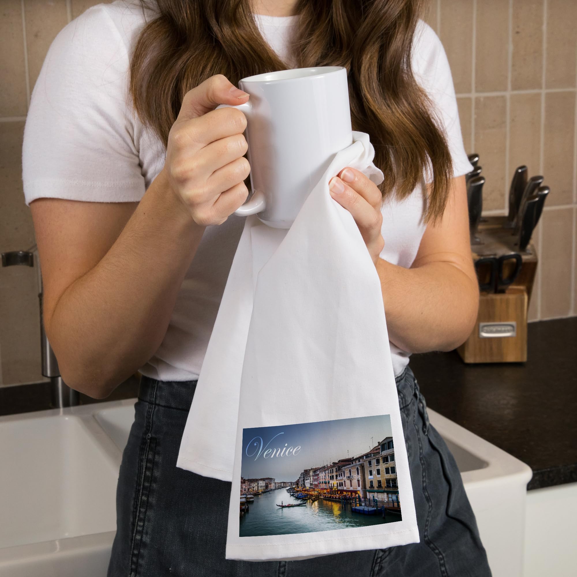 Venice Italy River at Sundown 100% Cotton Tea Towel - Decorative Hand Towel for Kitchen & Home Decor - Perfect for Dish Drying, Gift Giving, and Farmhouse Style Kitchens