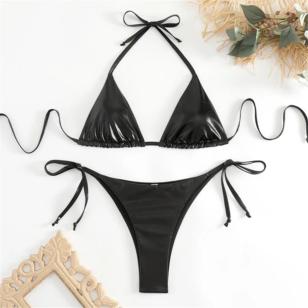 Sexy Halter Triangle Bikini Set - Women's Patent Leather Glitter Swimsuit with G-String & Side Lace Up Design | Perfect for Summer Beach Vacation, Pool Party & Tropical Getaway