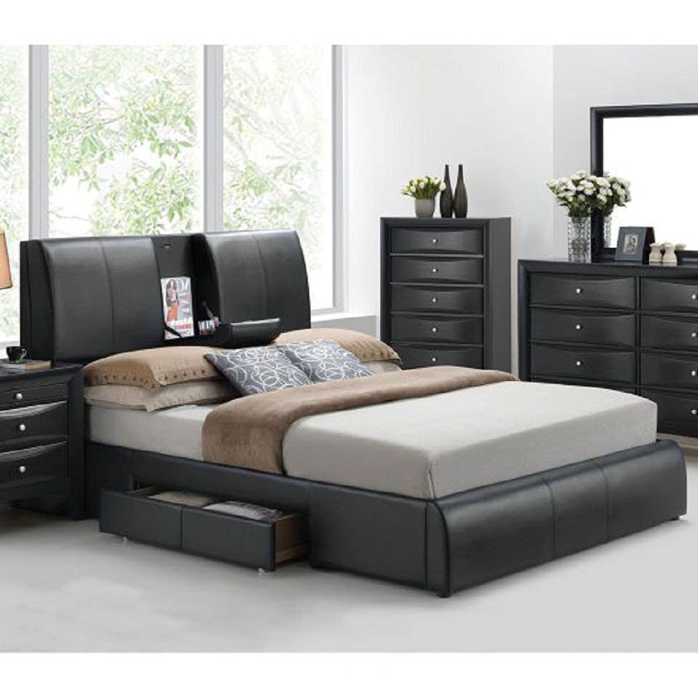 Modern Kofi Storage Bed Frame with Hidden Storage & Drop Tray - Eastern King Size, Black PU Leather | Space-Saving Bed with Headboard Storage & Side Drawers for Small Bedrooms & Guest Rooms