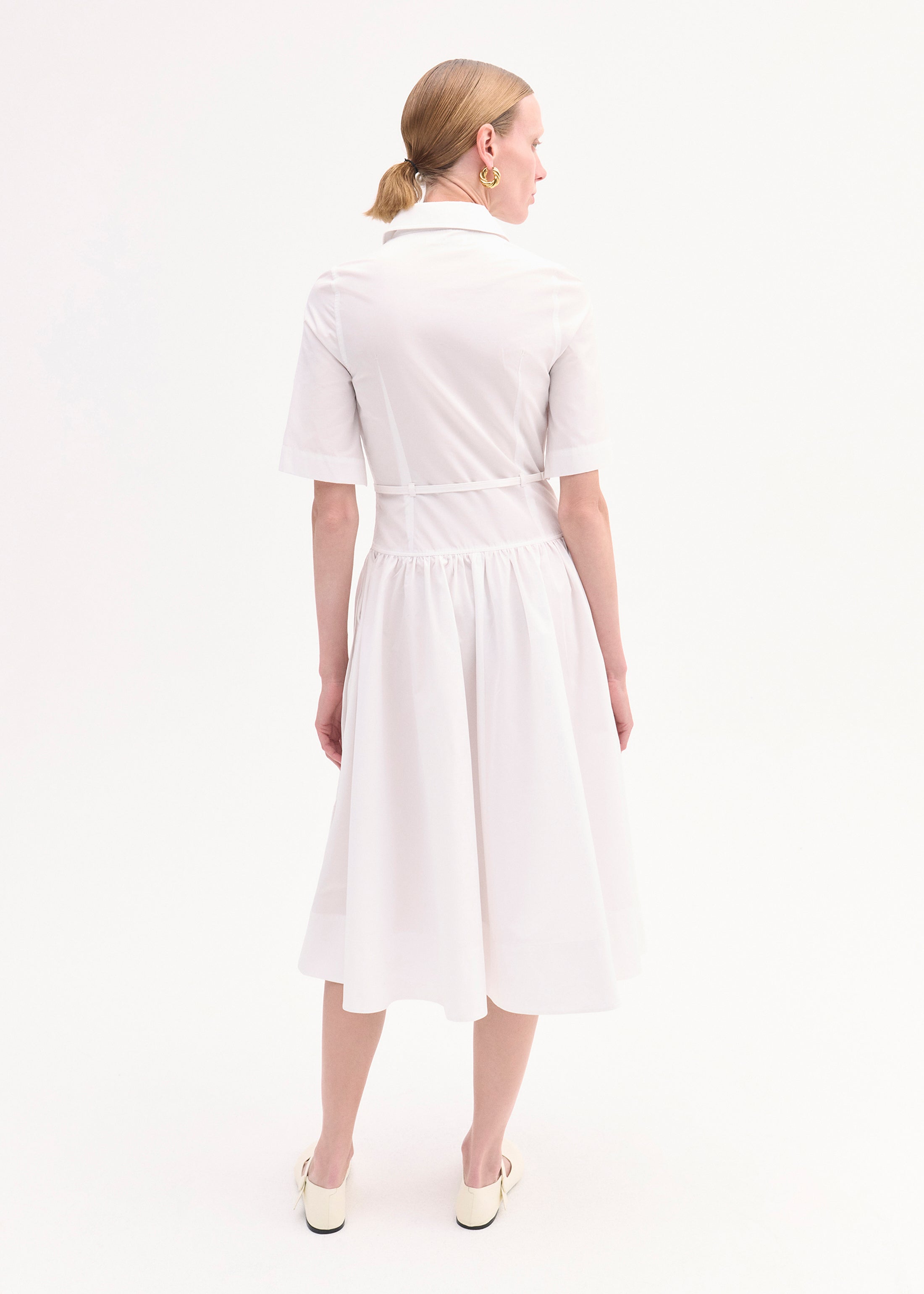 Women's Short Sleeve Belted Cotton Poplin Dress in White - Perfect for Summer Outings, Office Wear & Casual Occasions