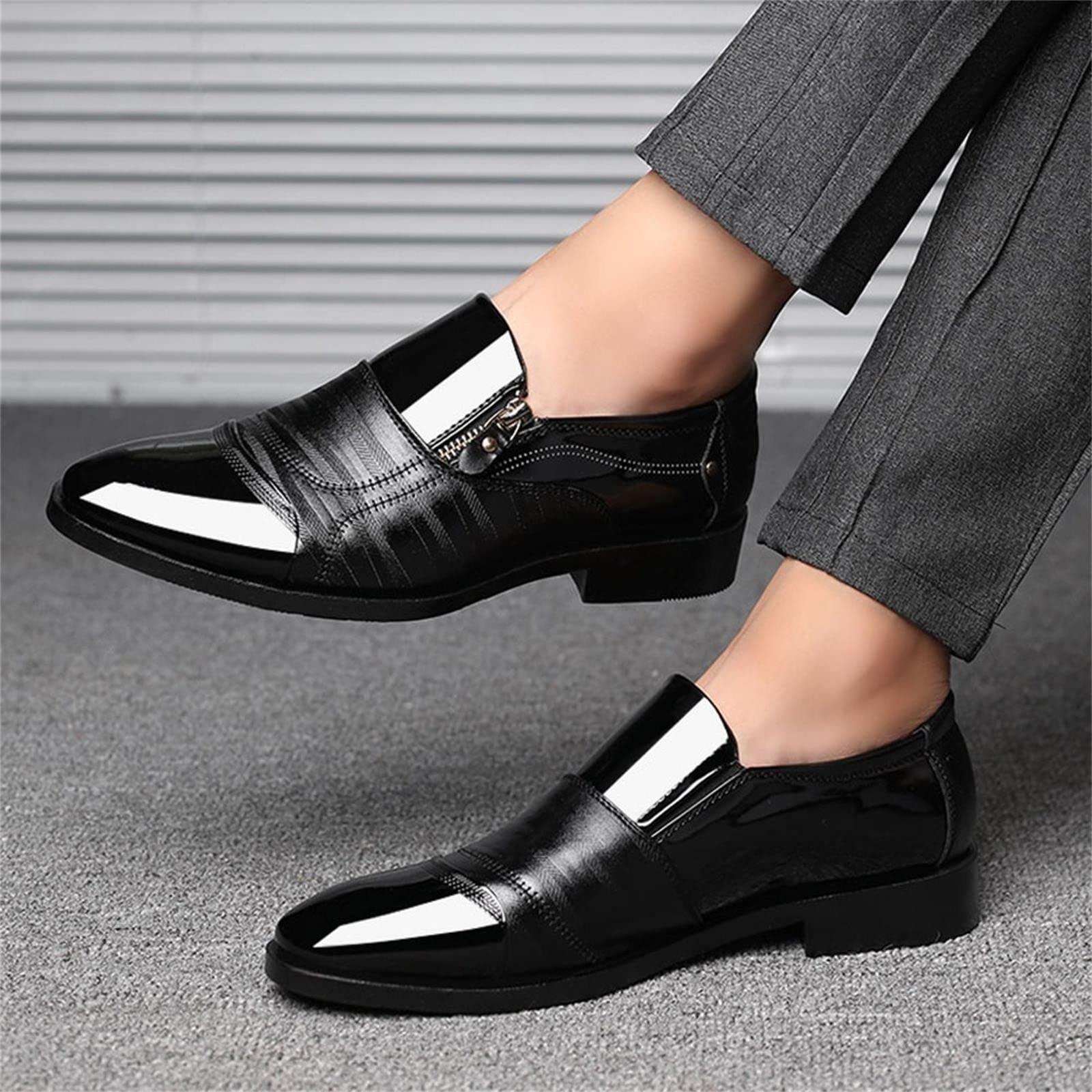 Premium IQYU Men's Patent Leather Dress Shoes - Breathable Business & Work Shoes for Swollen Feet - Comfortable Formal Shoes for Office, Wedding & Special Occasions